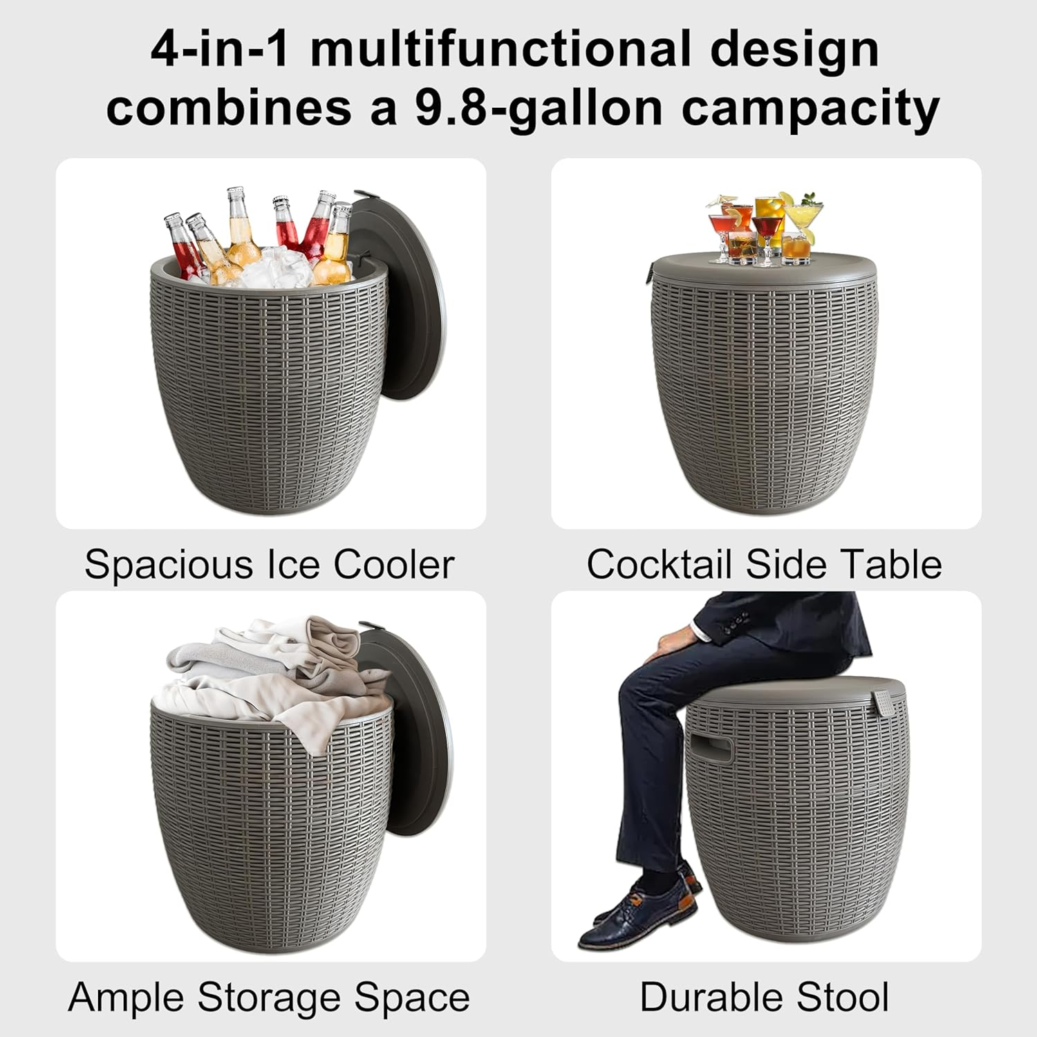 Rattan Outdoor Storage Stool, Outdoor Furniture, 37L, Ice Cooler, Wicker round Ice Chest, Outdoor Patio Bar Table, Beverage Bucket with Drain Plug for Poolside, Deck, Party, and BBQ image number 1