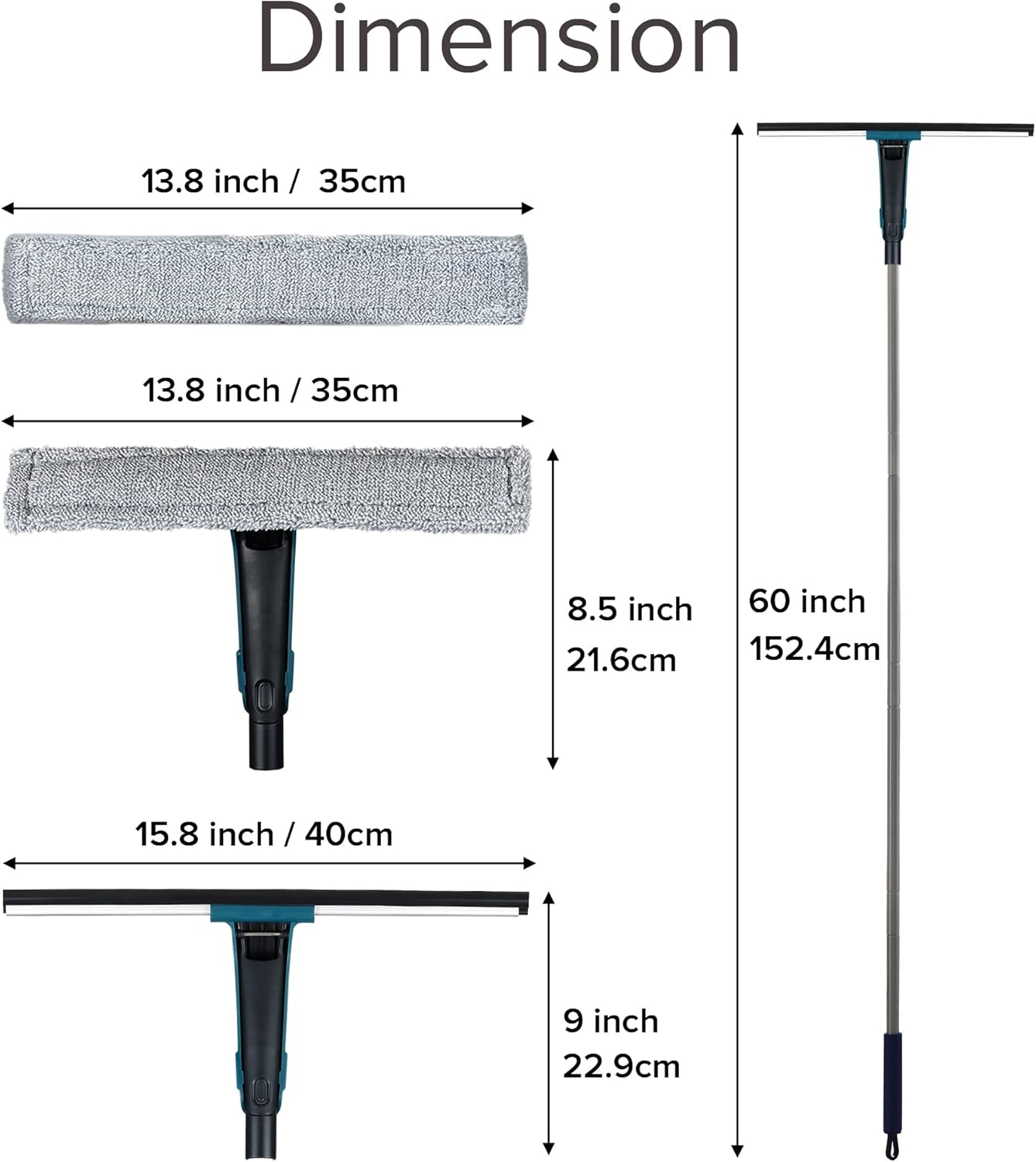 JEHONN Window Shower Squeegee for Glass Door with 152 Cm Long Handle, Professional Floor Squeegee Mop for Cleaning Garage Tile Concrete Mirror Windshield Bathroom Car Home image number 2