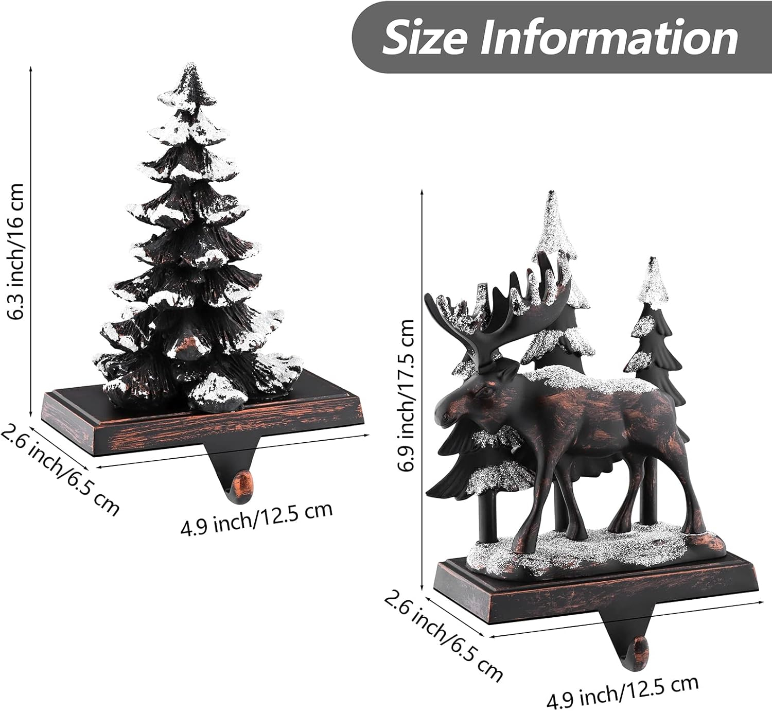 MCEAST 2 Pack Christmas Stocking Holders: Reindeer & Christmas Tree with Snowflake; Black, Fabric; 2 Hooks; Surface Rest; Stocking Hangers image number 1