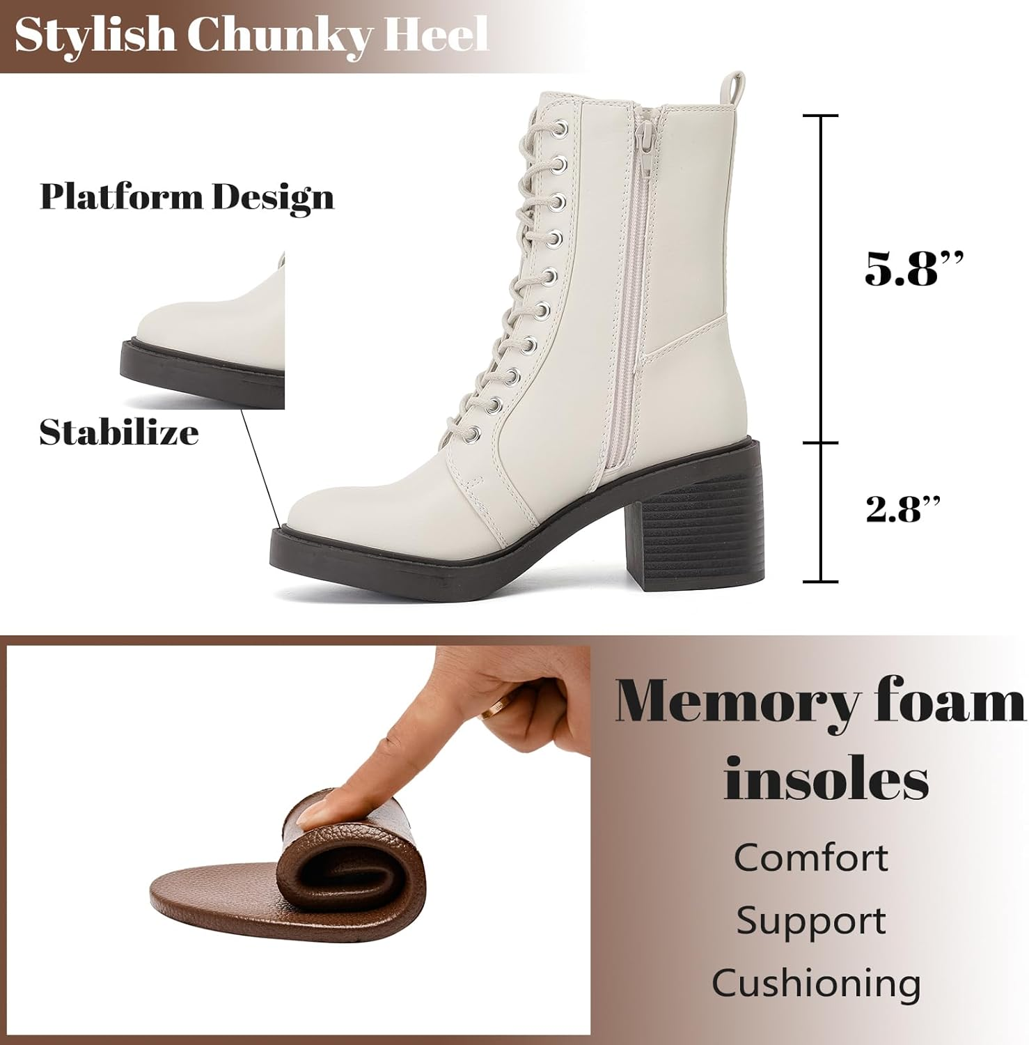 Ruiee Women'S Ankle Boots, Mid Calf Chunky Block Heel and Comfortable round Toe Lace up Fashion Combat Fall Winter Booties for Women. image number 7