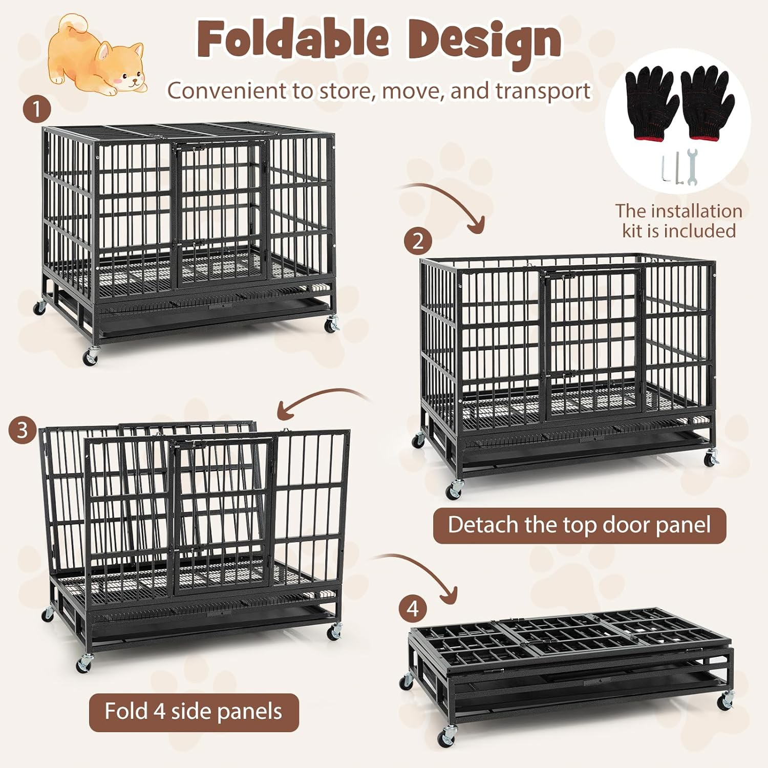 Costway 96CM/120CM Foldable Heavy-Duty Metal Dog Cage W/Lockable Rolling Casters, Removable Tray, 2 Lockable Doors, Chew-Proof Dog Crate, Indoor & Outdoor Portable Dog Kennel Crate (96 X 65 X 77 Cm) image number 4