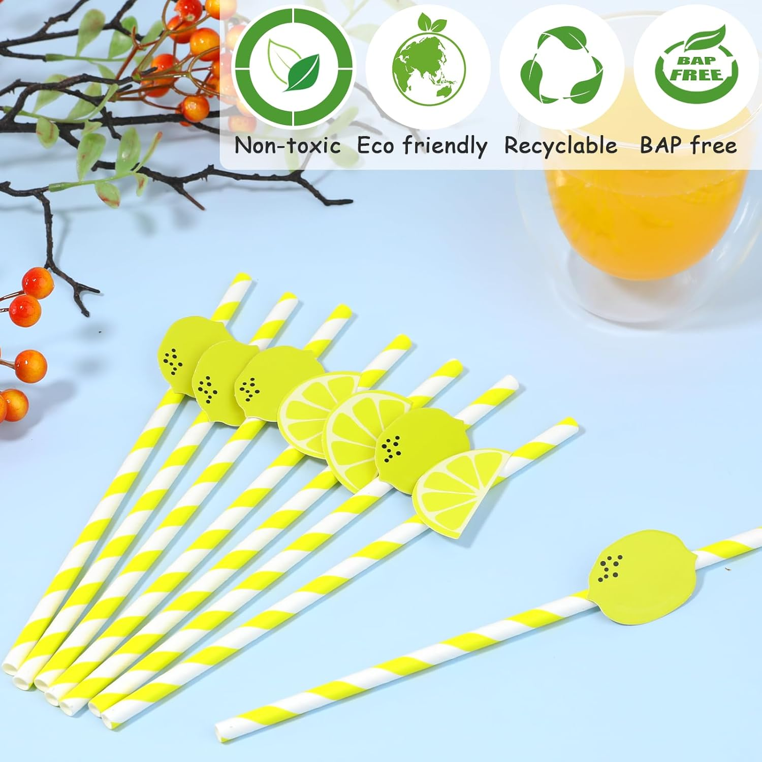 Pack of 20 Lemon Decorative Paper Straws, Paper Cocktail Straws, Disposable Biodegradable Natural Paper Drinking Straws for Christmas, Celebration Parties, Wedding, Cocktail image number 1