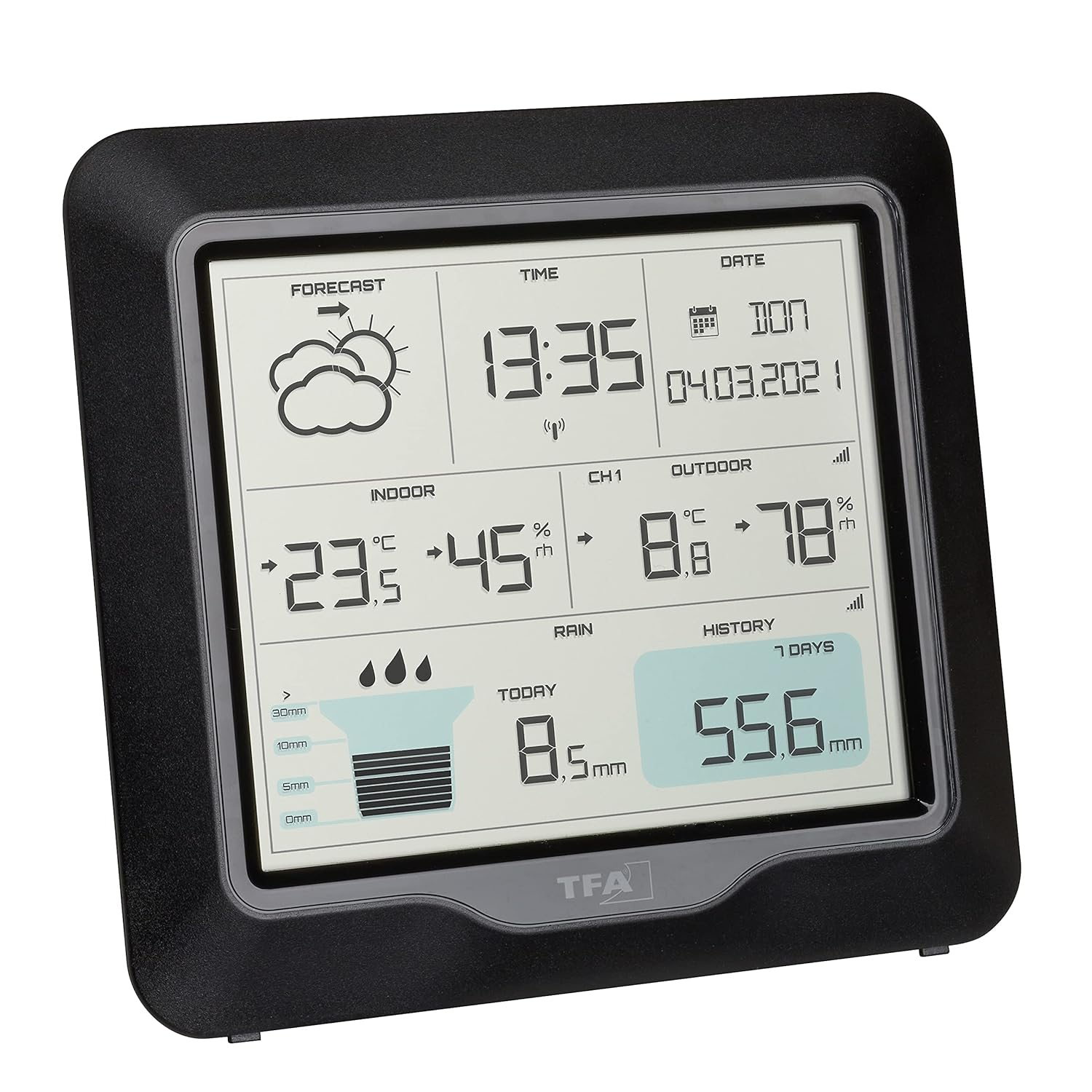 TFA Dostmann RAIN Pro 35.1160.01 Wireless Weather Station with Rain Gauge and Outdoor Sensor, Weather Forecast, Indoor/Outdoor Temperature, Humidity, Adjustable Alarm Conditions, Black image number 2