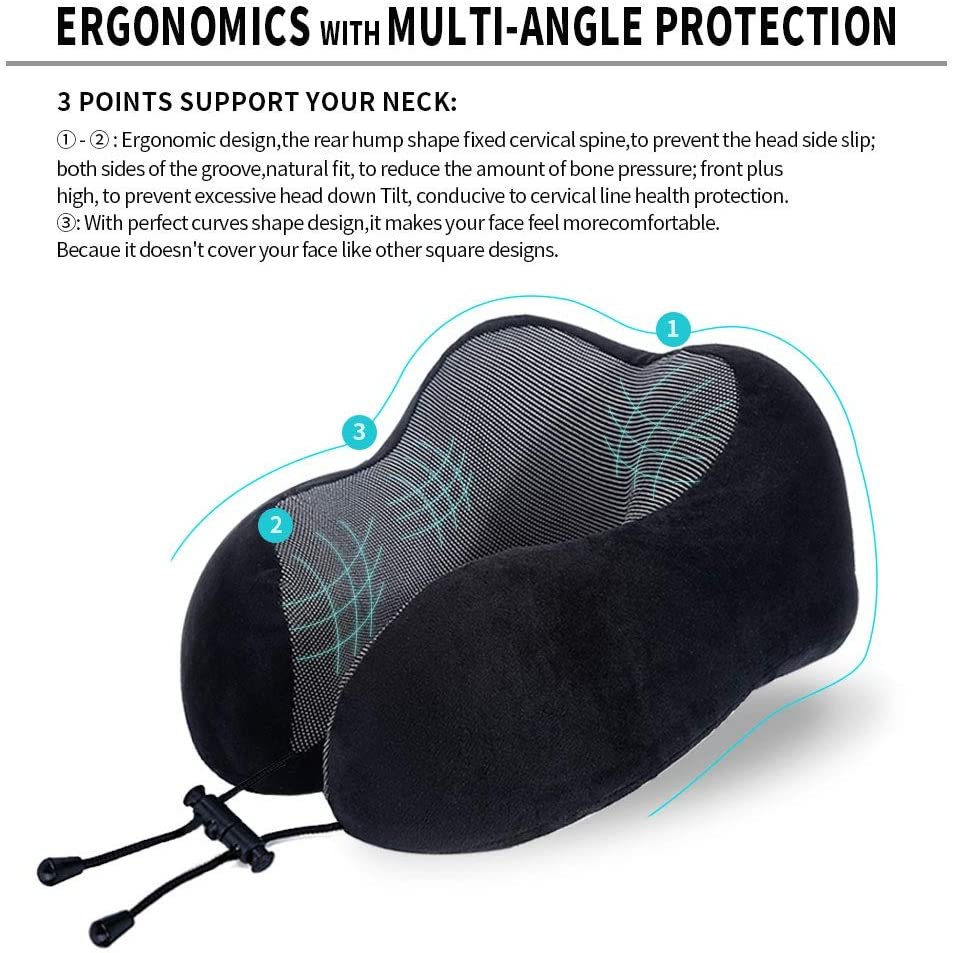 Travel Pillow, Best Memory Foam Neck Pillow Head Support Soft Pillow for Sleeping Rest, Airplane Car & Home Use (Black)