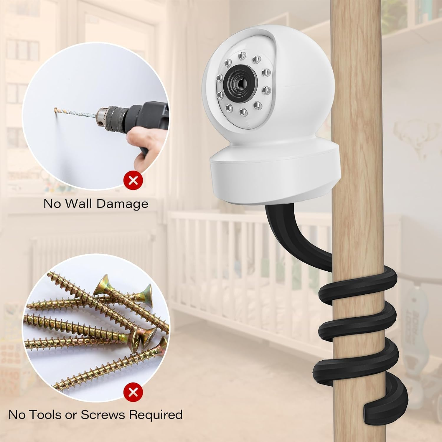 Uoffis Baby Monitor Mount, Camera Shelf, Flexible Camera Holder, Universal Compatible Size, Adjustable Crib & Furniture Attachment for Baby Monitors(Black) image number 1