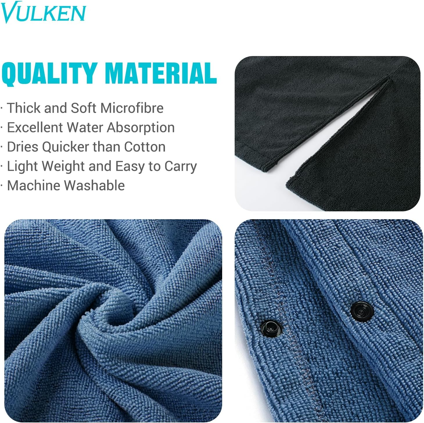 Vulken Thick Hooded Beach Towel Changing Robe, Surf Poncho for Men and Women, Easy Change, Microfiber Towelling for Beach Swimming, 47"X37", Black Blue image number 7