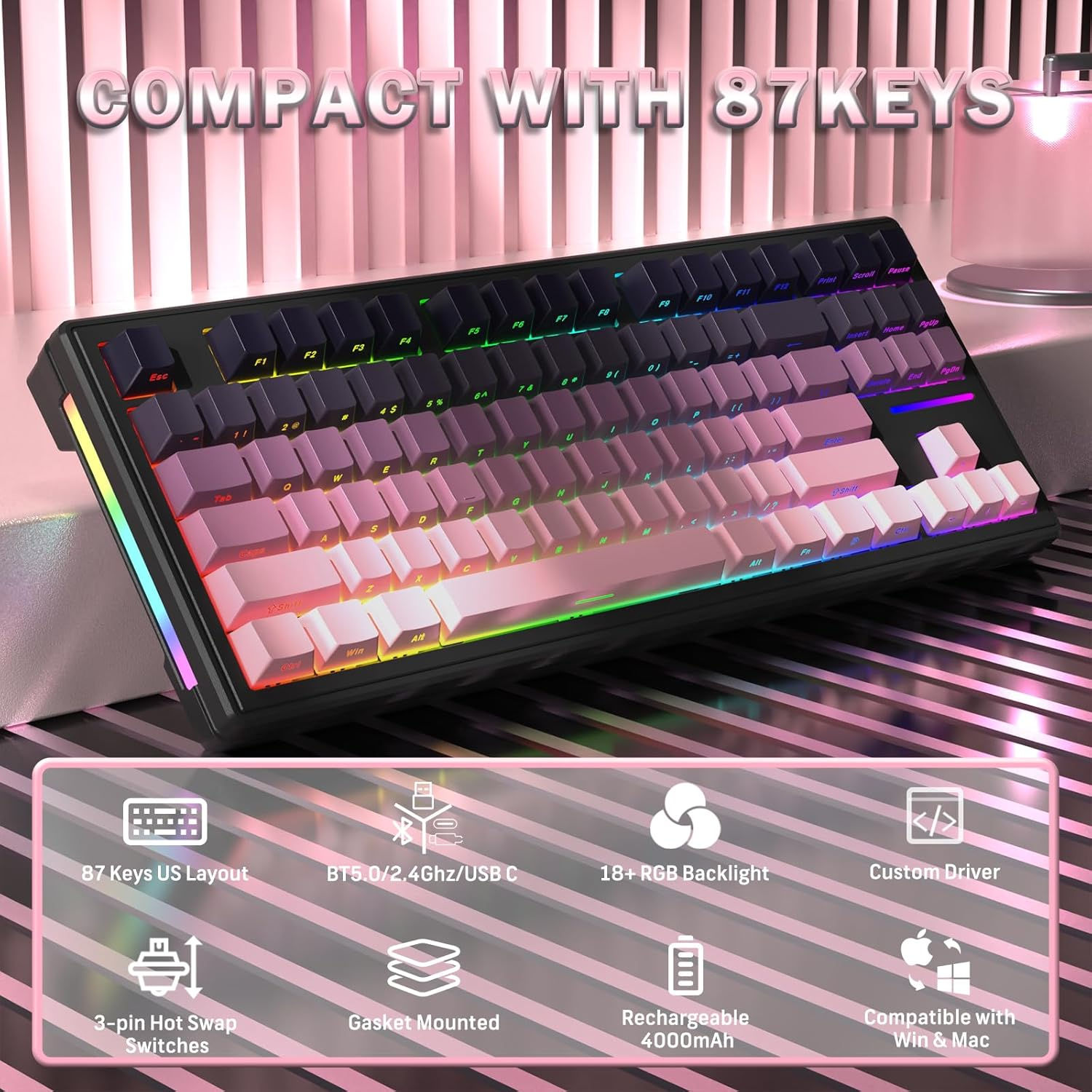 ATTACK SHARK TKL Wireless Mechanical Gaming Keyboard, Bluetooth 5.0/2.4G/USB-C Wired Hot Swap RGB Keyboard 80%, Linear White Switches Gradient Side Print PBT Keycaps for PC Mac - Burr image number 1