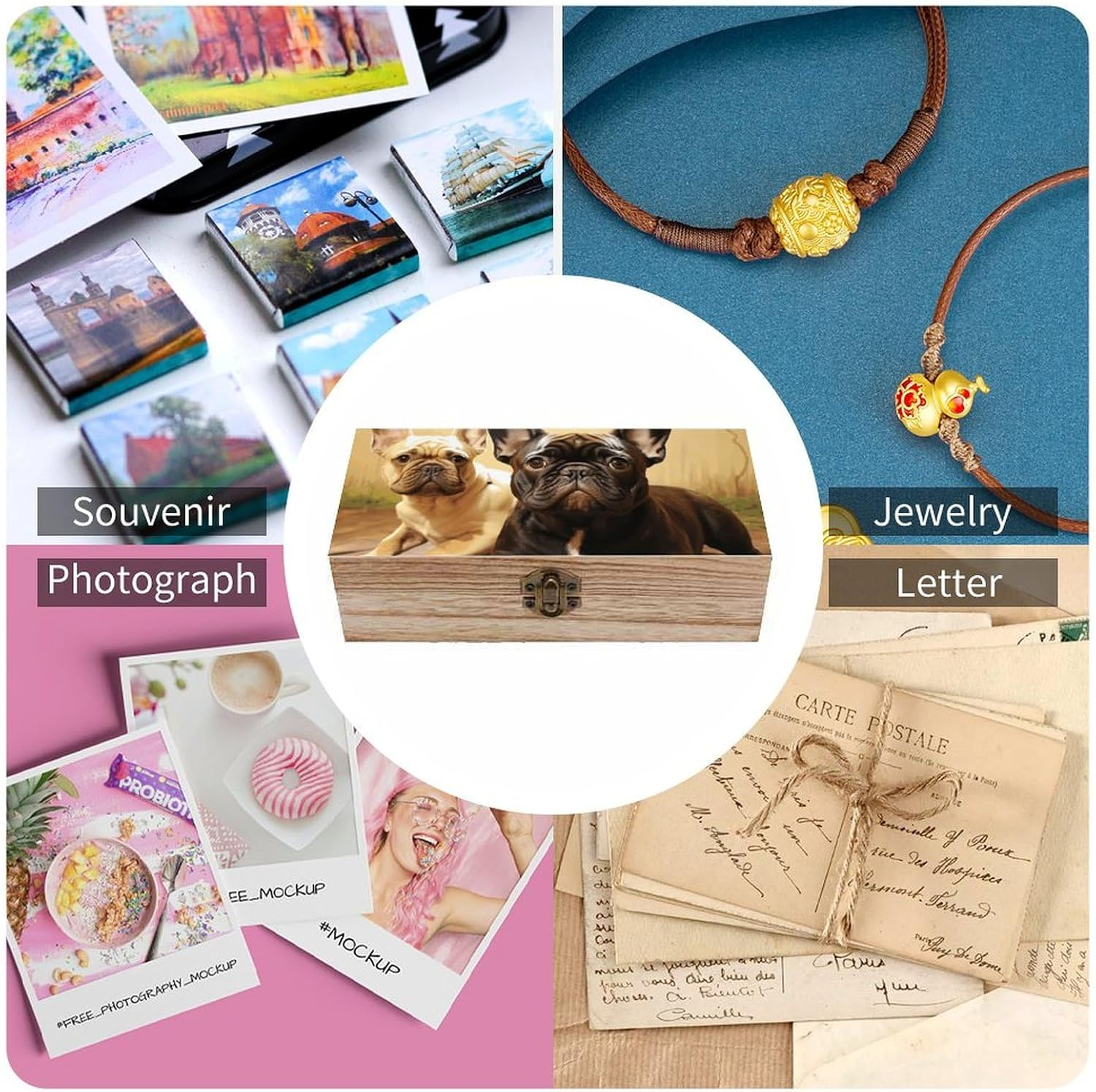 Cute Bulldog Wooden Box Wood Wedding Keepsake Boxes with Lids Small Decorative Boxes Lightweight Wooden Memory Storage Box for Crafts Keepsakes Jewelry Photo Letter Storage image number 2