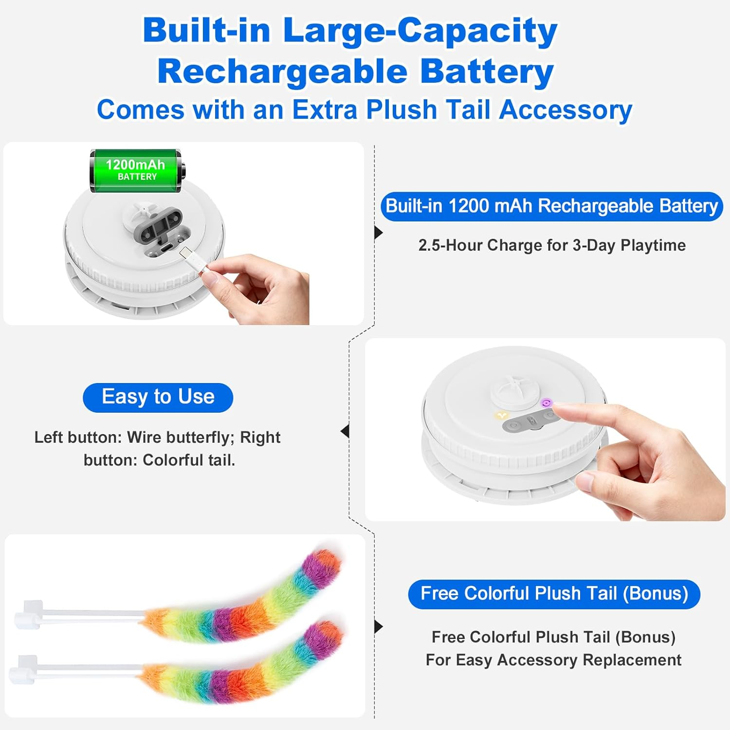 Qraxond Interactive Cat Toys for Indoor Cats,[Newly Upgraded] Rechargeable Touch Activated Hide and Seek Kitten Toy with Fluttering (Blue Cover Cloth Toy) image number 3