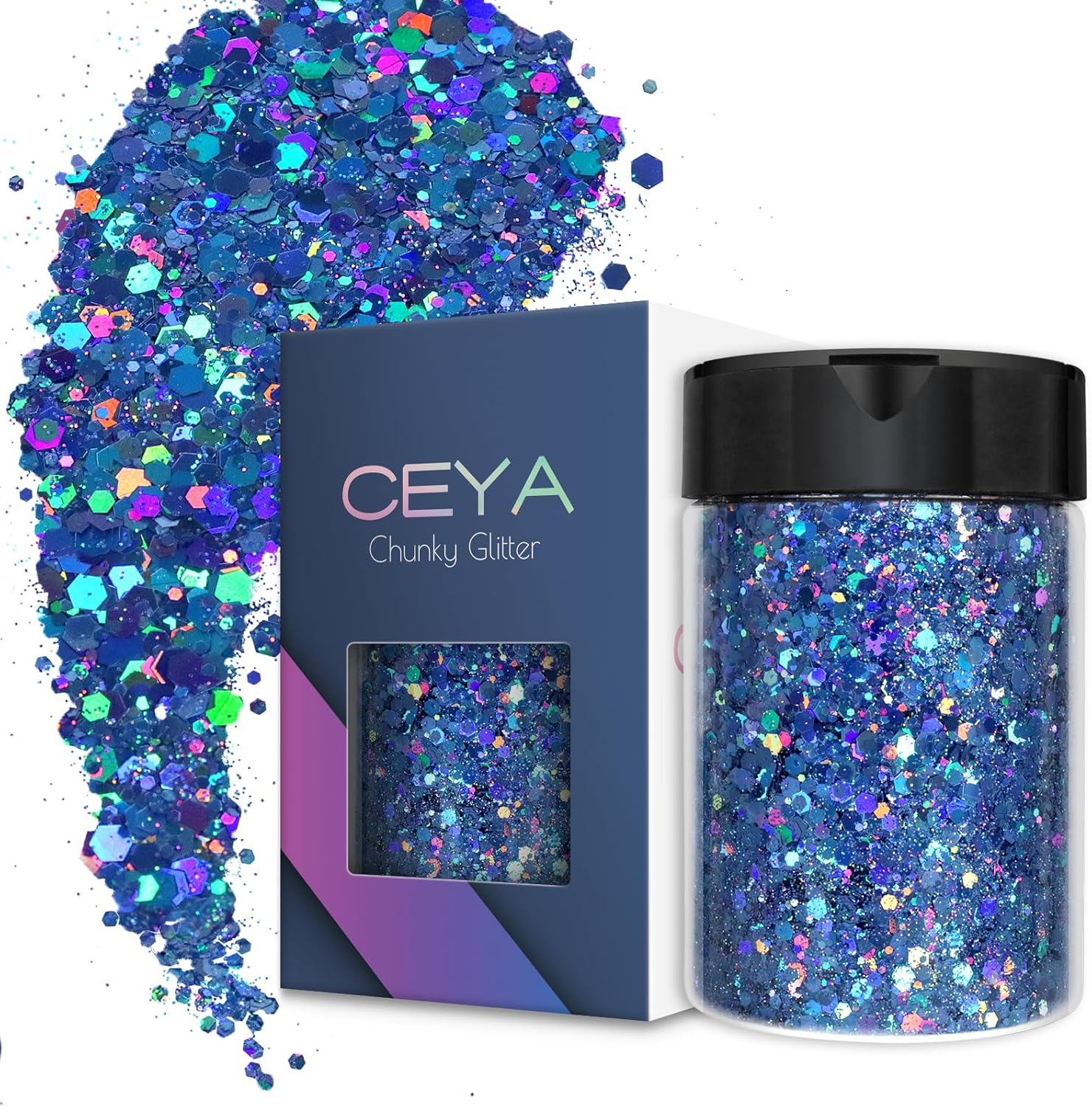 Ceya Holographic Chunky Glitter, 4.9Oz/ 140G Gold Craft Glitter Powder Mixed Chunky & Fine Flakes Iridescent Nail Sequins for Nail Art, Hair, Epoxy Resin, Tumblers, Slime, Painting, Festival Decor