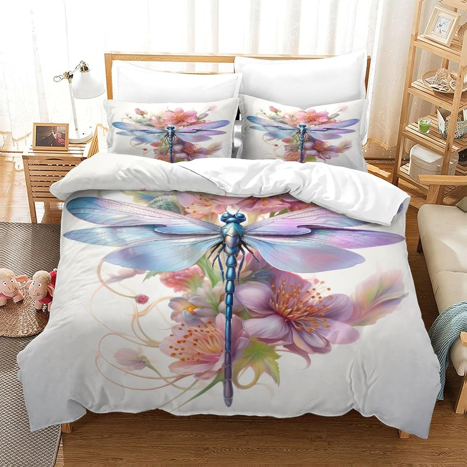 Dragonfly Duvet Cover Set Flower Comforter Cover for Teens 3D Print Bedding Set Microfiber Quilt Cover with Zipper Closure 3 Pieces with Pillowcases,King（210X245Cm） image number 6