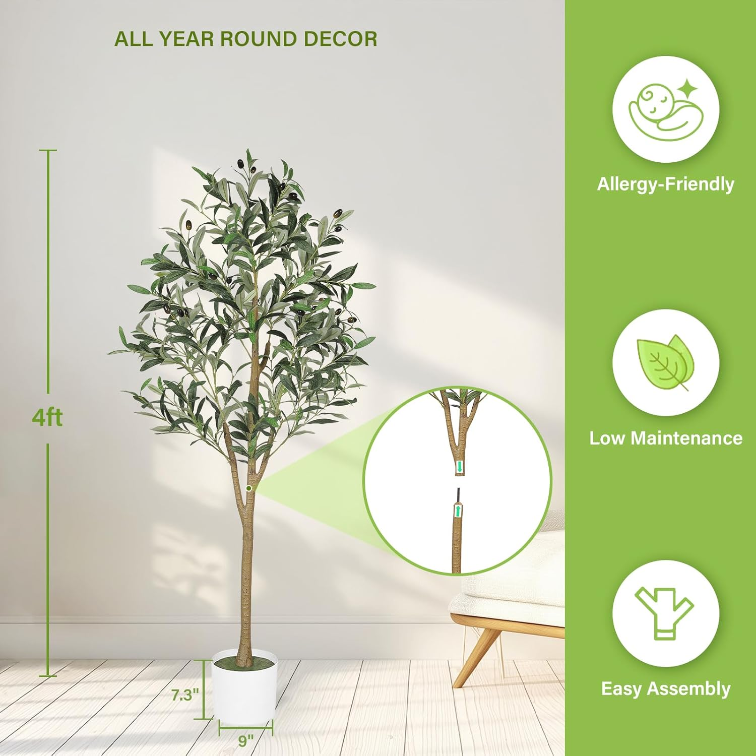 4Ft Faux Olive Tree - Olive Trees Artificial Indoor 4 Feet with Realistic Leaves and Natural Wood Trunk, Potted Fake Silk Plant Artificial Trees Indoor for Home Office Decor image number 4