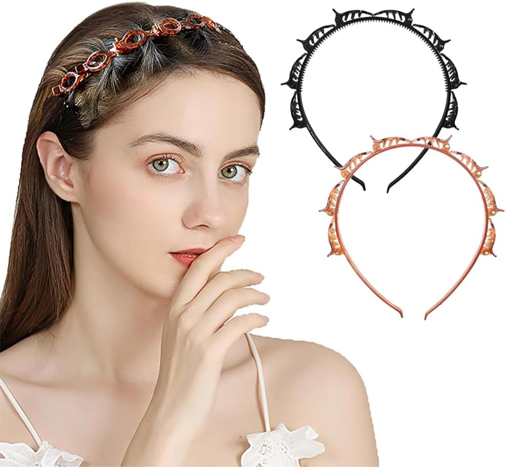 HUATEEN 2 Pack Braided Hairbands for Women,Black & Brown Clip Headbands with Non-Slip Teeth,13Cm Adjustable Butterfly Clips | Double Layer Twist Plait Headband for Girls/Women (Office/Yoga/Daily) image number 1