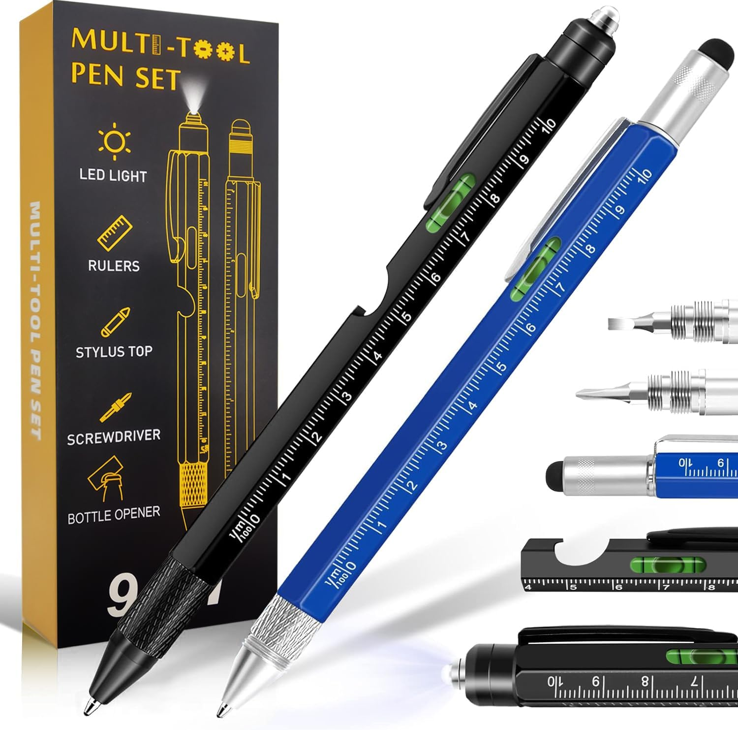 Multitool Pen 2-Pack - Multi-Tool Pens with LED Light, Flathead & Phillips Screwdrivers, Level, Ruler, Bottle Opener, and Stylus. Gift-Ready Box with Ink Refills & Batteries. Great for EDC