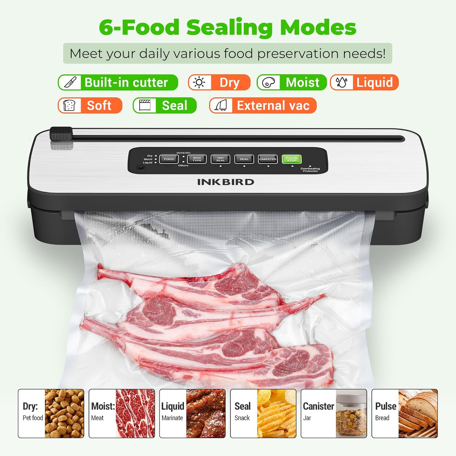 INKBIRD Compact Home Vacuum Sealer Machine INK-VS05, Dry/Moist/Liquid Food Types with Vac&Seal/Seal Only/Pulse/Canister Modes, Cooling Sealing Strip, Overheat Protection System image number 2