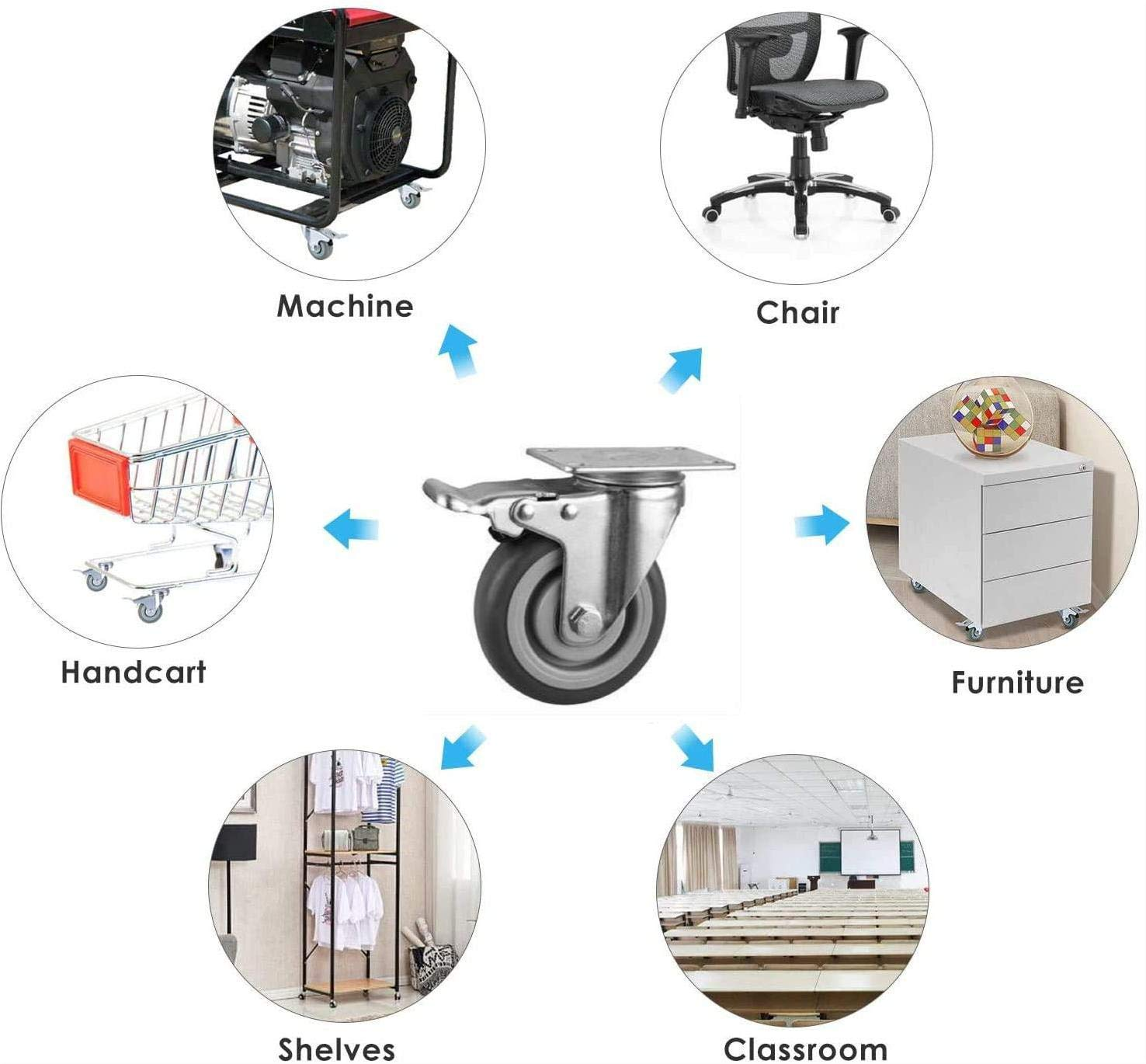 Lehom 4 Inch Swivel Rubber Caster Wheels Heavy Duty Castors with 360 Degree Rubber Base Top Plate Set of 4 (2 with Brakes & 2 Without), Grey image number 4