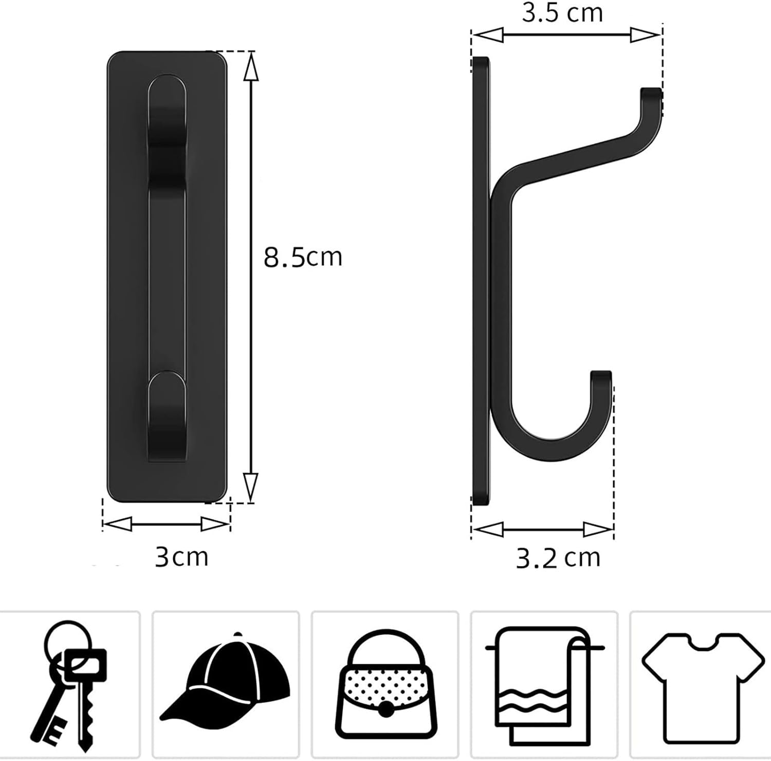 Adhesive Wall Hooks Heavy Duty 6KG/13LB - 4 Pack Black Stick on Hooks for Towels, Coats, Bags No Damage Hanging Hooks for Bathroom, Dorm, Closet (Metal Hooks for Robe, Purse, Backpack) image number 4