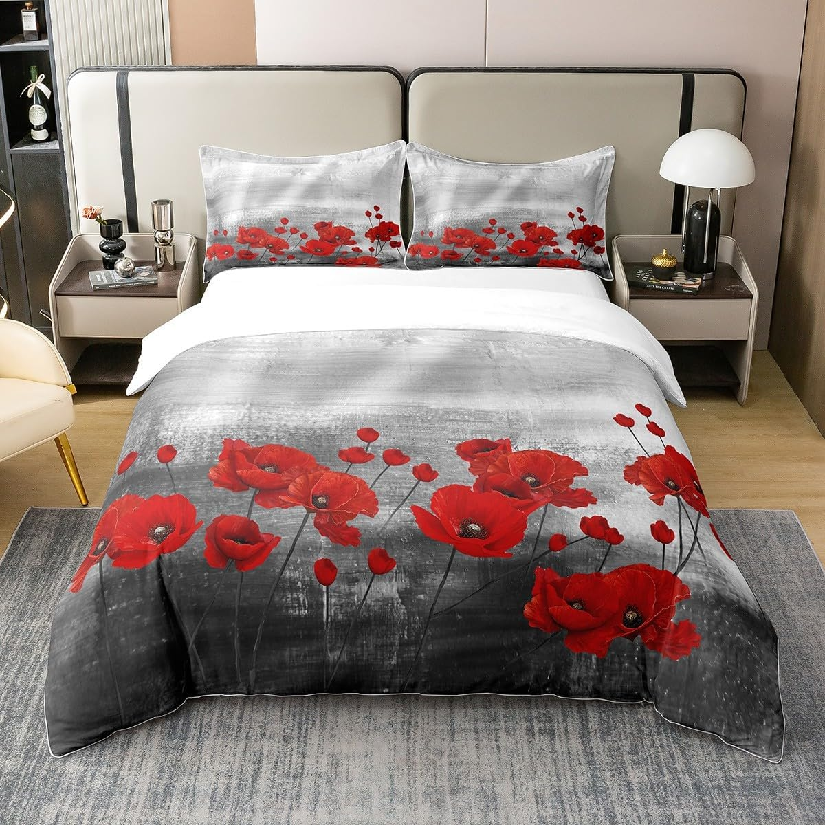 Loussiesd Red Poppies Bedding Set Watercolour Flower Art Bedding Set 135 X 200 Cm 100% Cotton for Women Adults Girls Duvet Cover Romantic Botanical Nature Duvet Cover Set Grey Red image number 4