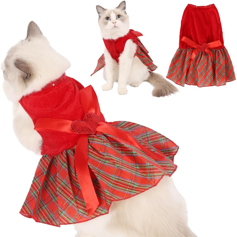 Bow-Knot Christmas Pet Costume Plaid Skirt Dog Clothes Santa Dress (Red, M)