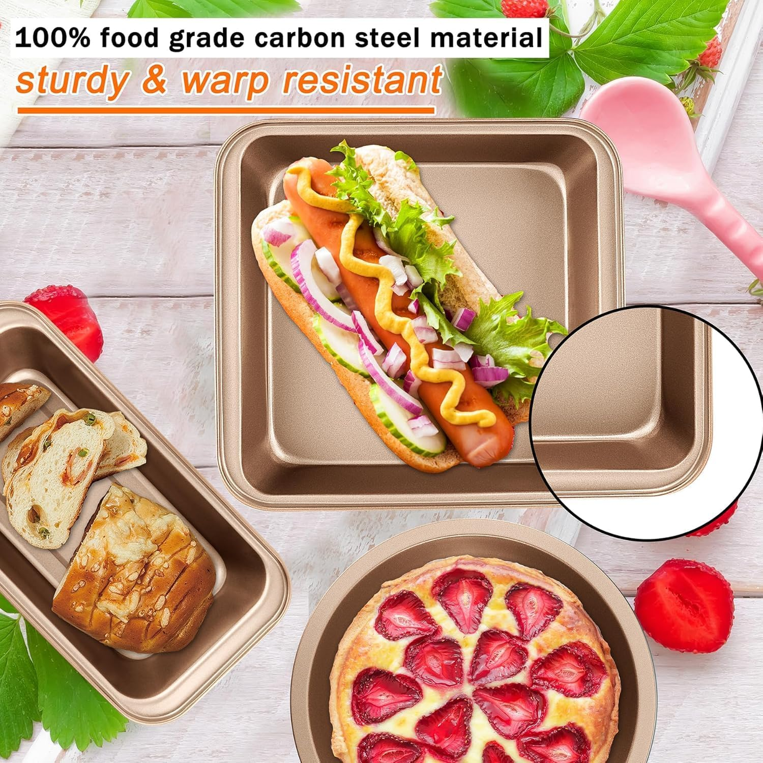 Baking Pans Nonstick Set, Bakeware Sets with round Square Cake Pan, Muffin Pan, Loaf Pan, Roast Pan, Baking Sheets for Oven, Kitchen Cookware Sets Baking Supplies 5-Piece, Gold