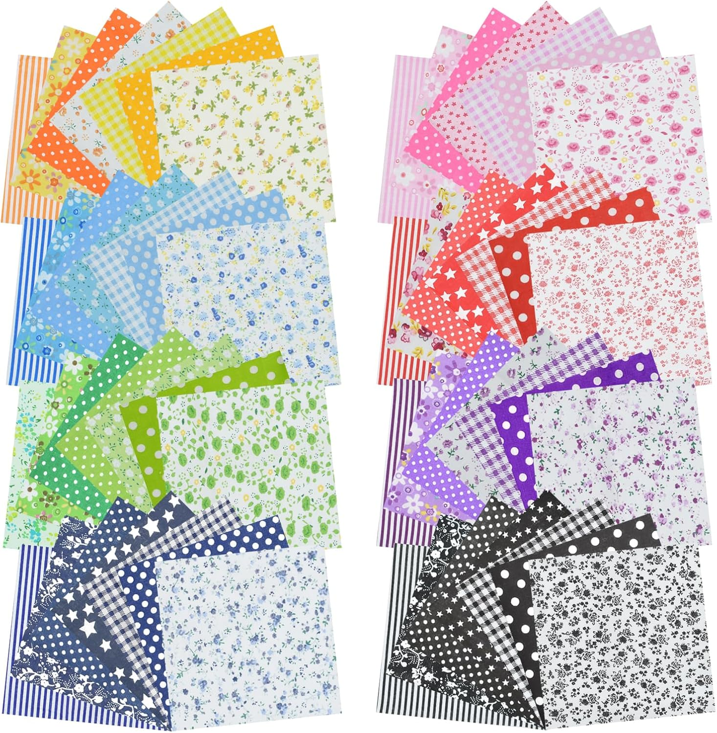 42Pcs 9.8"X 9.8" Fabric Quilting Cotton Patchwork Square Precuts for DIY Sewing Craft, Decorating Scrapbooking, Multi-Color Design, 6 Colors