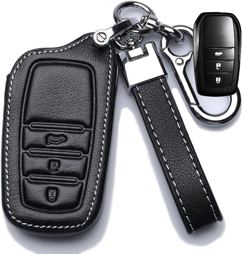 Ontto Leather Car Key Fob Cover Fit for Toyota Hilux SW4 Innova Fortuner Crown Land Cruise Accessories Key Case Key Holder Key Shell Keychain Keyring Protector 3 Buttons Black