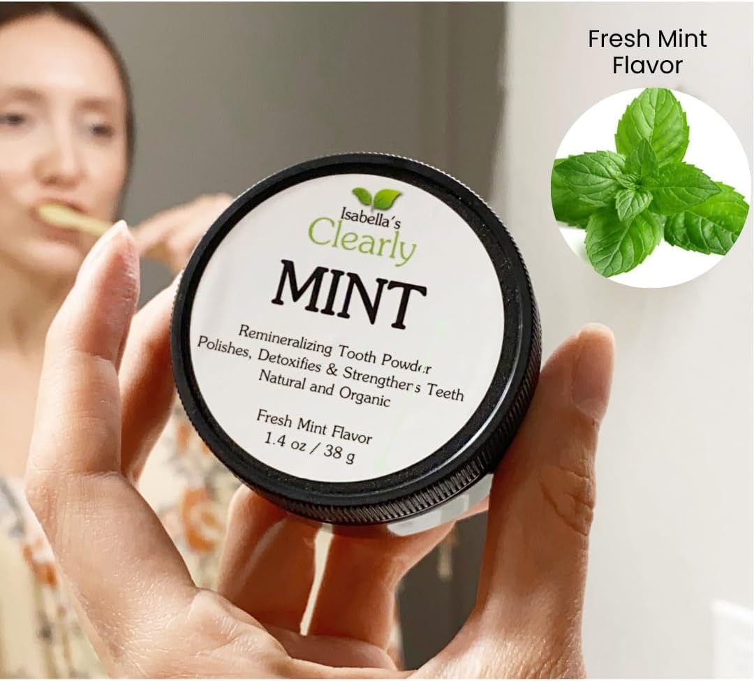Isabella&rsquo;S Clearly MINT Remineralizing Tooth Powder | Teeth Whitening Natural Toothpaste Fluoride Free for Adults, Kids, Sensitive Gums | Xylitol, Baking Soda, Clay, Calcium (40G) image number 6