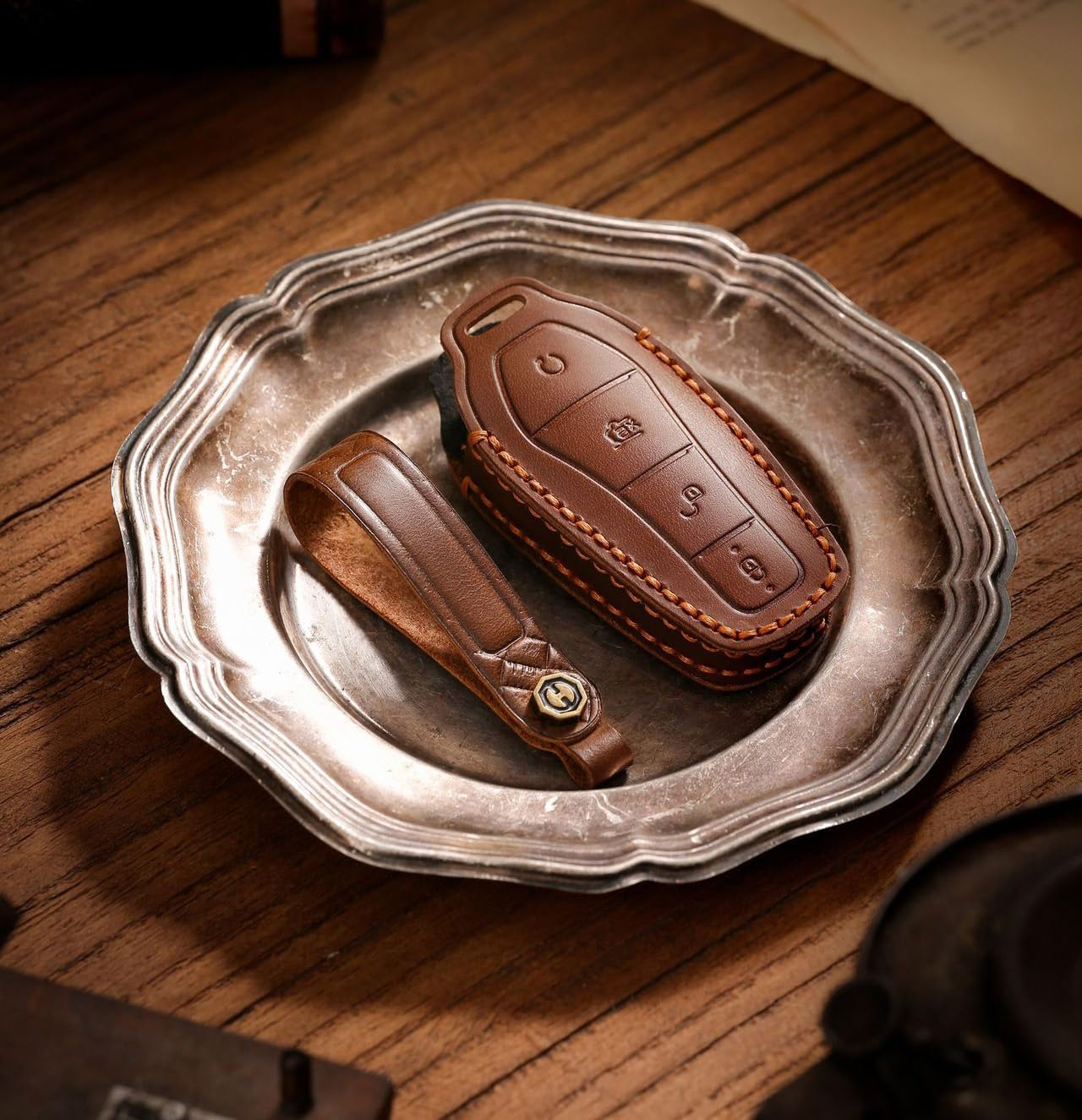 Ontto Cowhide Car Key Cover Fit for BYD Atto 3 Dolphin Seal U Dm-I Sealion 7 Sealion 6 Shark 6 Key Holder Leather Case Keyring Keychain Smart Shell Protector Accessories 4 Buttons Blue image number 3