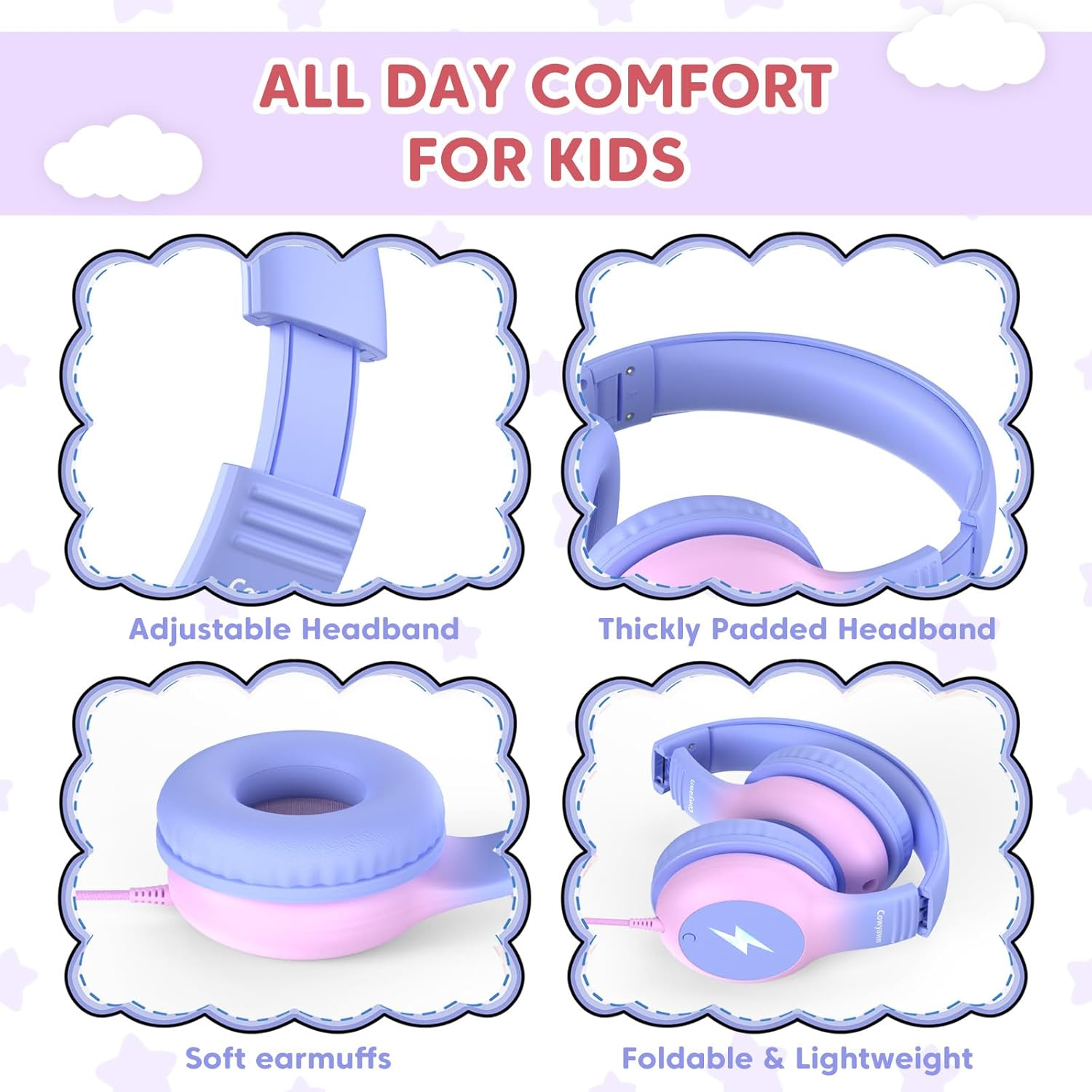 Cowyawn Kids Headphones Wired with Microphone, USB Type C Kid Headphone with LED Lights, 85/94Db Volume Limit, Over-Ear Wired USB C Headphones for Boys/Girls/School/Travel/Ipad, Purple-Pink Gradient image number 2