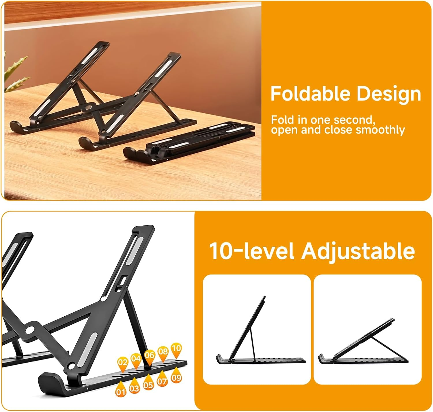 Ergonomic Adjustable Laptop Stand, Portable Laptop Riser for Desk, Foldable Plastic Computer Stand Compatible with Macbook & 10-17" Laptops, Essential Computer Accessories (Black) image number 5