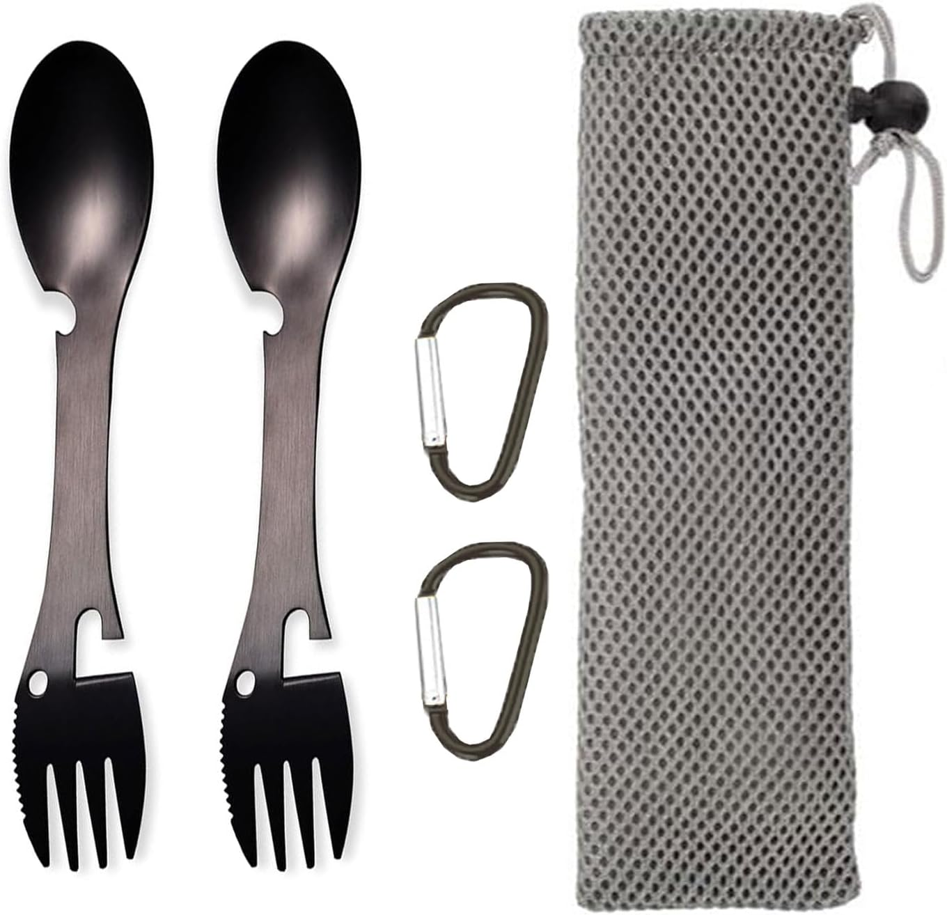 5-In-1 Multi-Functional Camping Utensils, 2 Pack, Stainless Steel Spork, Fork & Knife, Can & Bottle Opener, with Carabiner and Bag, Black image number 4