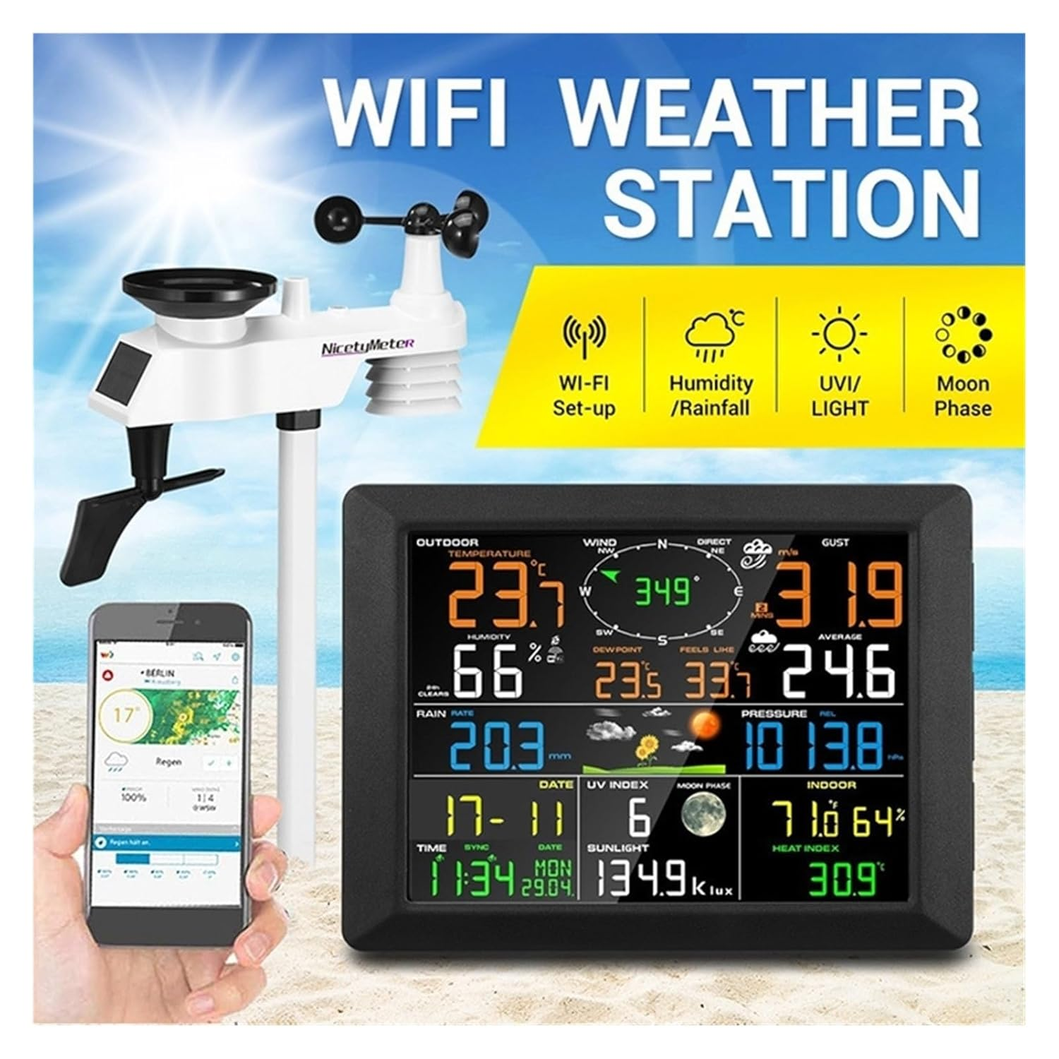 Wifi Weather Station Internet Wireless Thermometer Hygrometer 24Hour Rainfall Forecast UV Index Wind Gauge image number 4