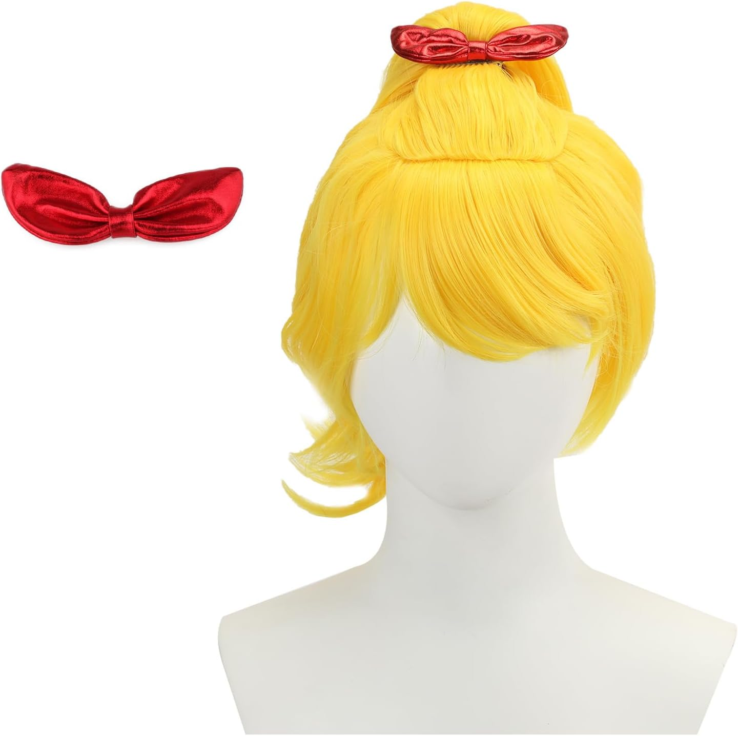 Yellow Short Women'S Wig with Ponytail Halloween Carnival Cosplay Anime Hair with Red Bow Hairpin image number 2