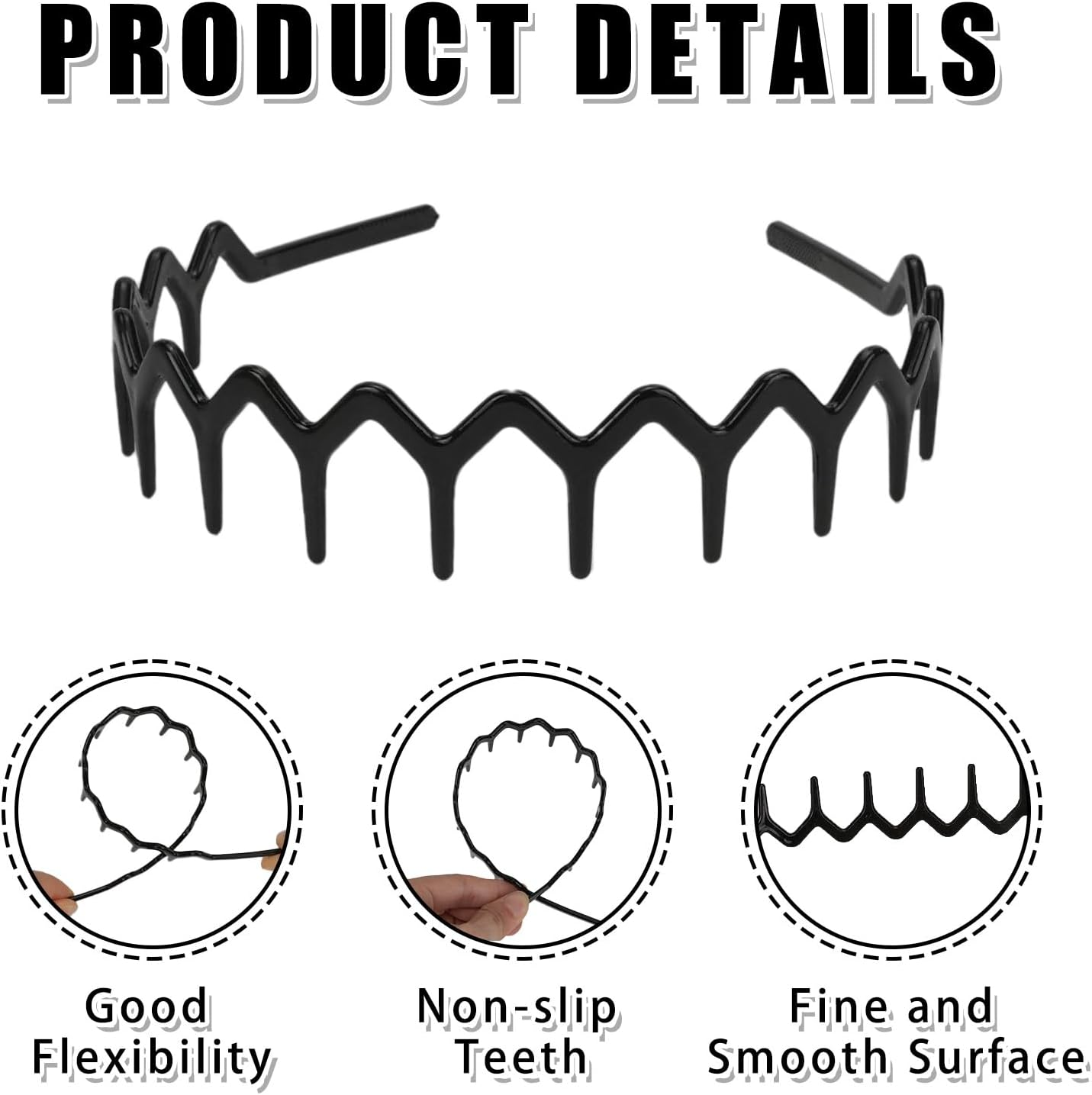 Pack of 10 Elastic Tooth Headband with 4 Clips, Zigzag Headbands, Non-Slip Hair Bands for Women Girls, Wavy Shark Tooth Hair Comb for Men, Women (Black, Brown) image number 5