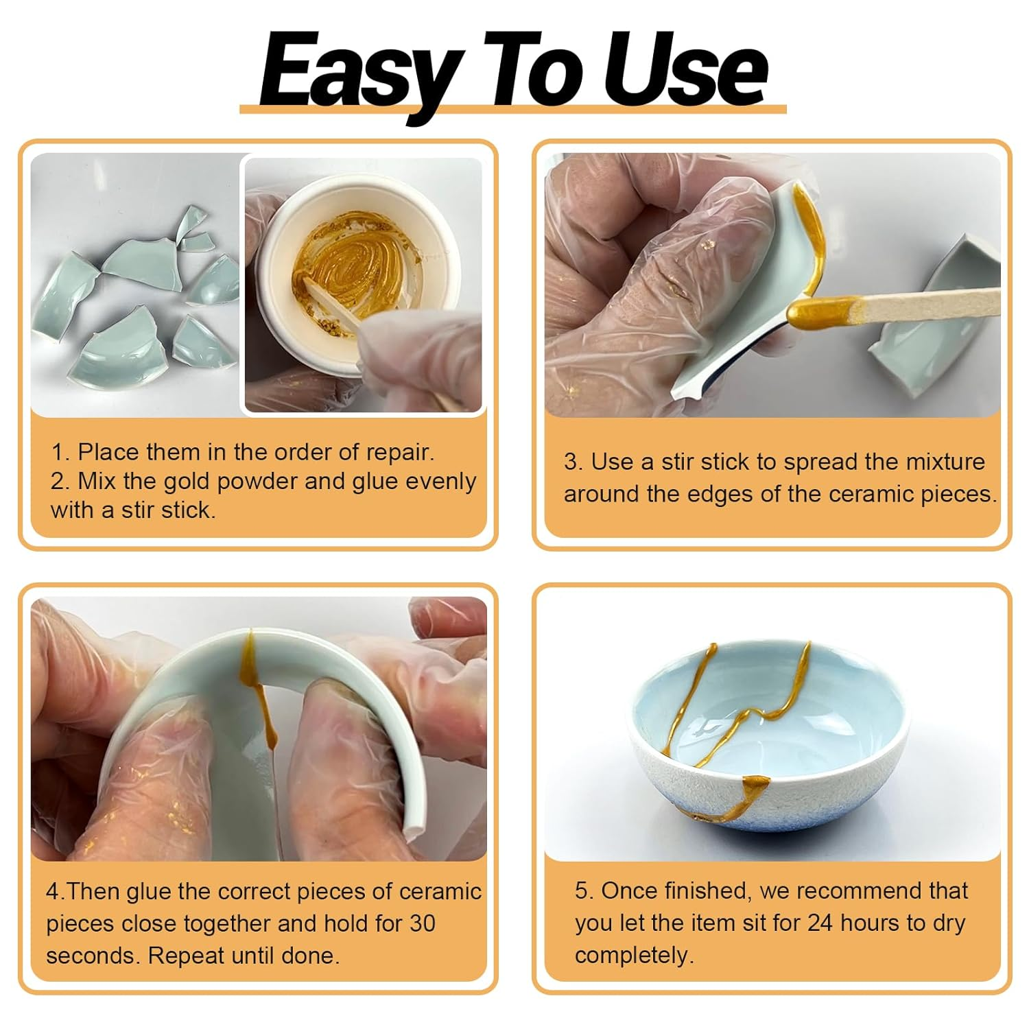 Kintsugi Repair Kit with Practice Cup, Japanese Gold Repair Kit, for Ceramics and Porcelain Restore, Beginner Fix Broken Pottery Set, Handmade Gifts image number 6