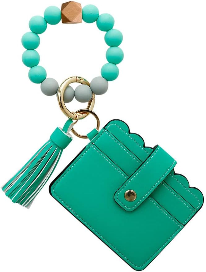 Silicone Beaded Bracelet Leather Keychain Wallet ID Card Holder Keyring Wristlet Bracelet Key Ring Chain Tassel Purse Women Girls Green