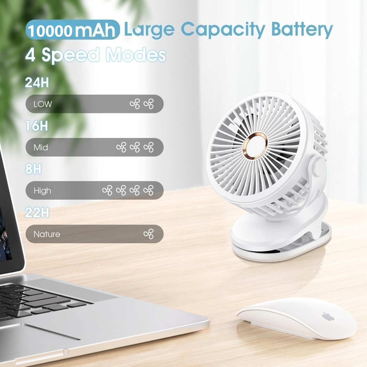 10000Mah Rechargeable Portable Table Fan (24H Long Battery Life), Clip Fan with 4-Speed, Strong Airflow & Operating Quietly Desk Fan for Stroller, Office Desktop, Bedroom, and Outdoor. (White) image number 6