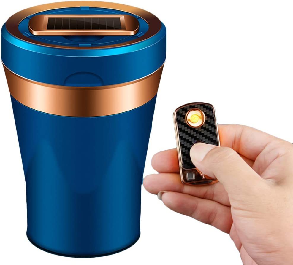 Eastfly Car Ashtray, Detachable Ceramics Car Ashtray with Lid Blue Led Light and Removable Lighter Solar Energy and USB Dual Charging for Most Car Cup Holder Blue