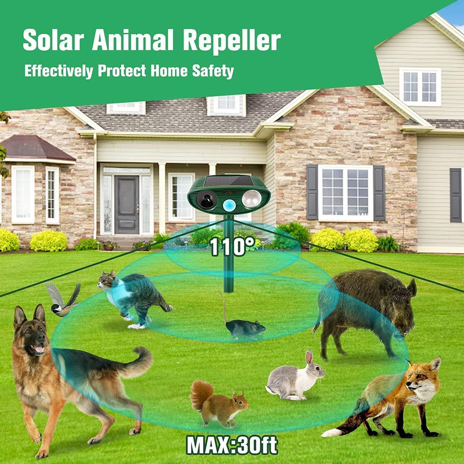 Cat Repellent Garden Ultrasonic Fox Repellant Cat Deterrent Pet Animal Deterants Solar Powered Waterproof Flashing Light Outdoor Farm Yard, Effective for Cats, Dogs, Foxes, Birds image number 6