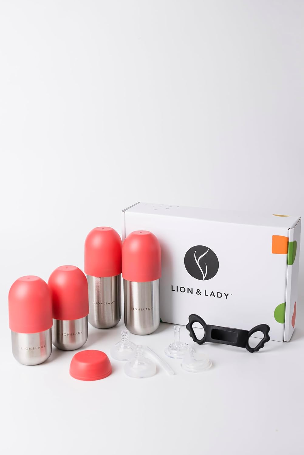 Lion & Lady Australia Baby & Toddler Feeding Supplies - 18/8 Stainless Steel Max Pack Baby Feeding Bottle Set with Cups for 6+ Months, Everything You Need to Start Solids (Fuchsia Pink)