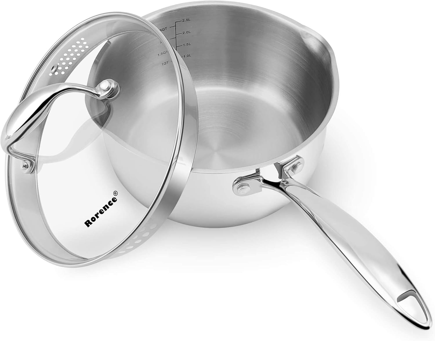 Rorence Stainless Steel Saucepan with Pour Spout & Glass Lid with Strainer - 3.7 Quart