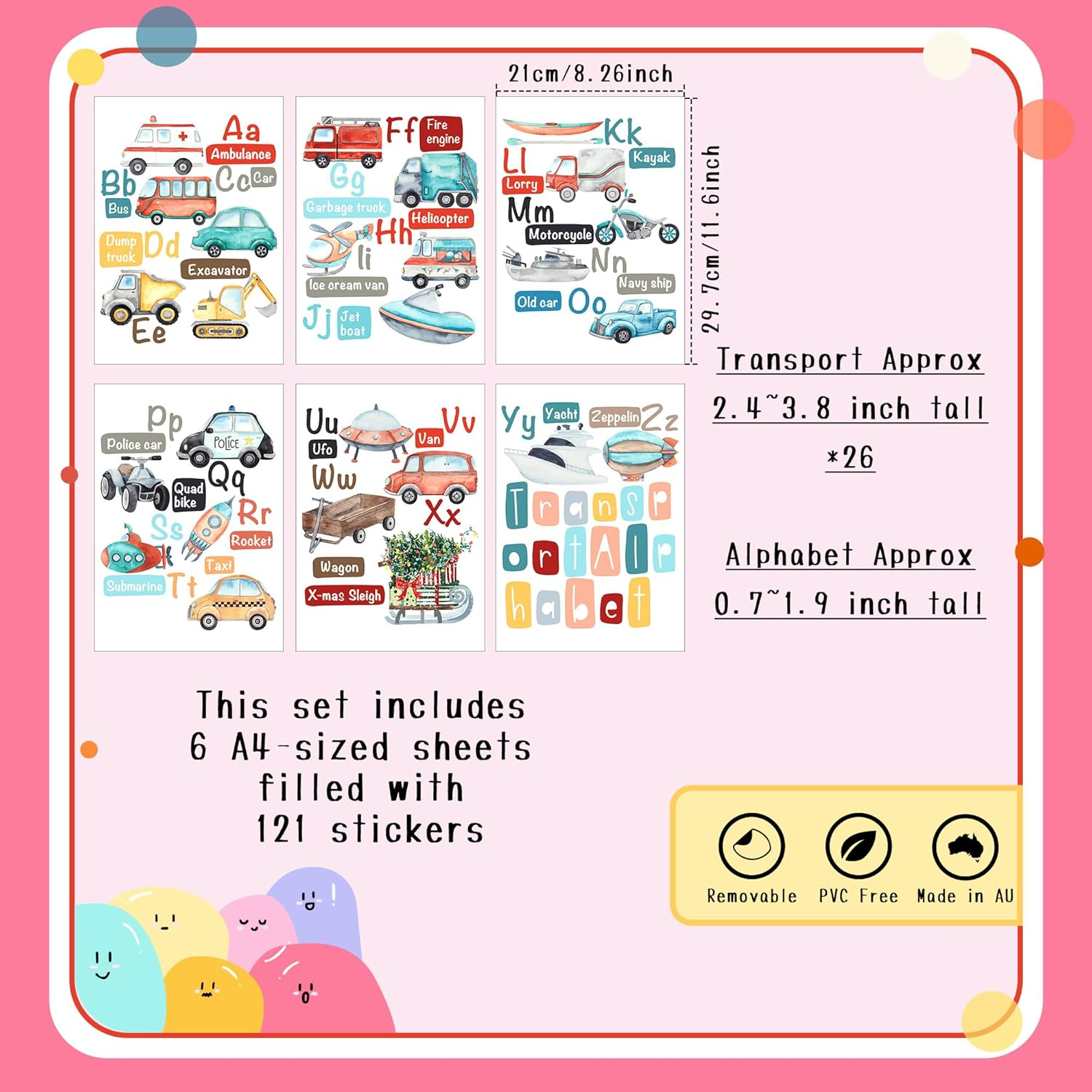 Transport Alphabet Wall Decals for Kids &ndash; a to Z Vehicles Theme Stickers &ndash; Removable Reusable Fabric Decals for Nursery, Playroom, Classroom &ndash; 6 Sheets, 121 Stickers image number 3