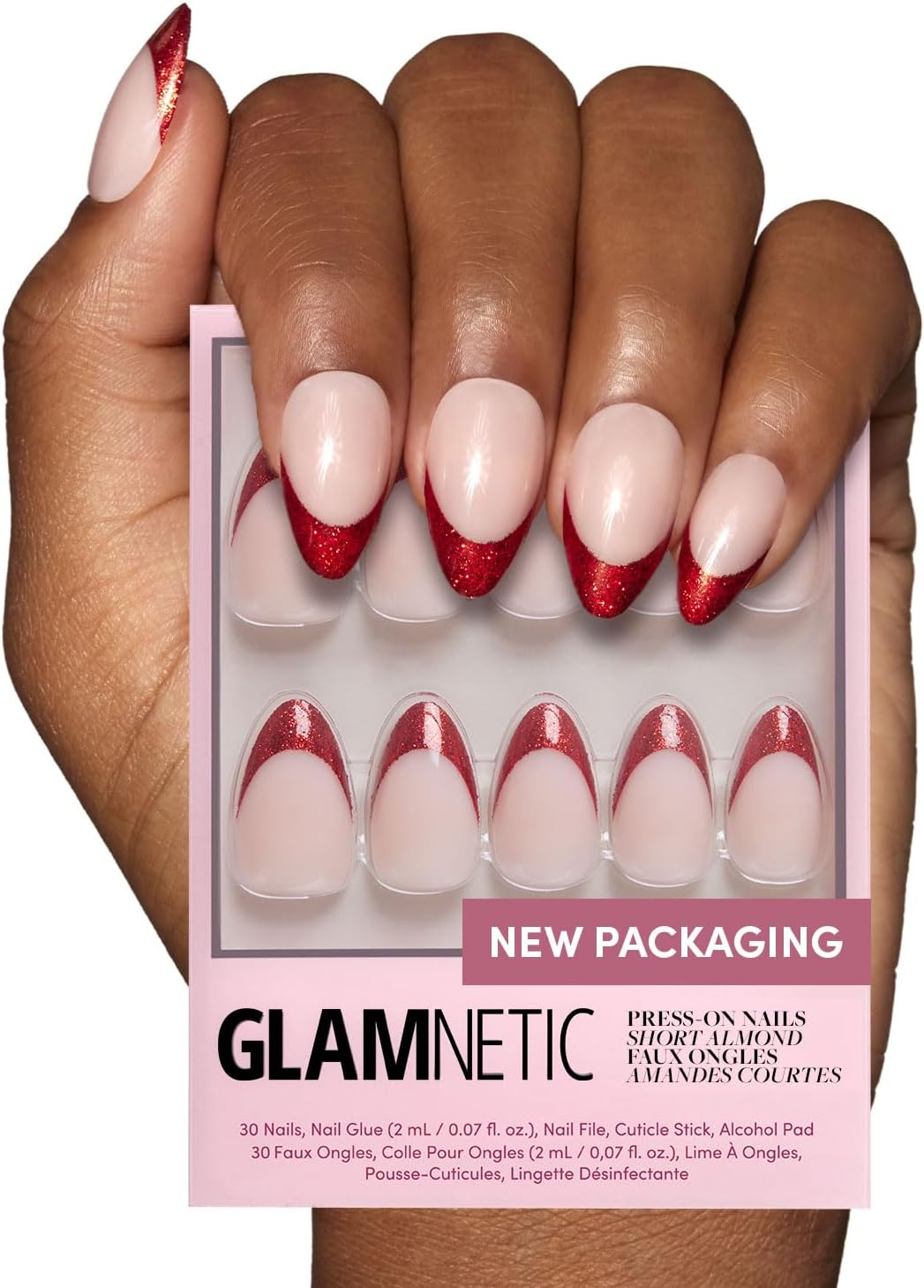 Glamnetic Press-On Nails - Red Affair | 30 Red Glitter French Tip Almond Nails with Glossy Finish | 15 Sizes - 1 Set of 30 Nails with Glue