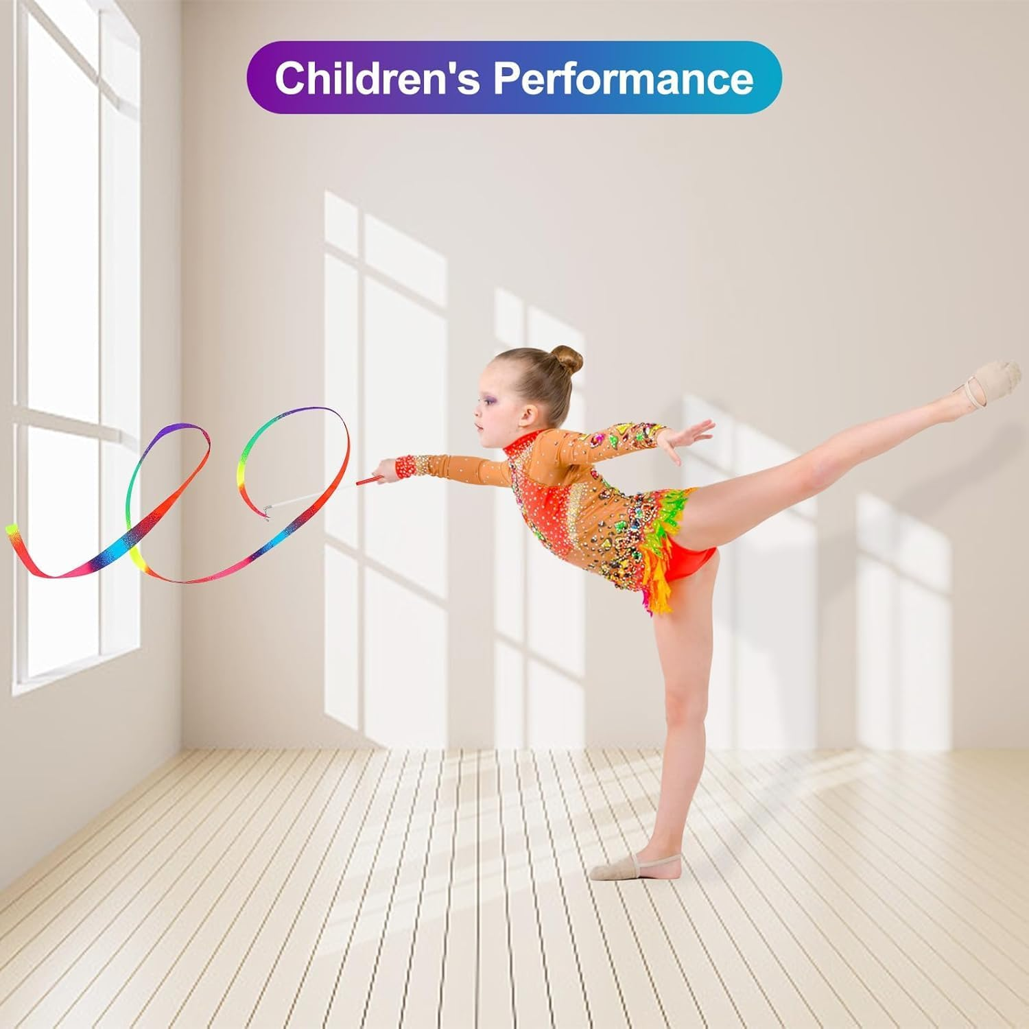 2 Pcs Dance Ribbons, Rainbow Ribbon, Rainbow Twirler Stick, Rhythmic Gymnastics Ribbon, Ribbon Dancer Wand for Kids Adults, Fits Artistic Dancing Gymnastics