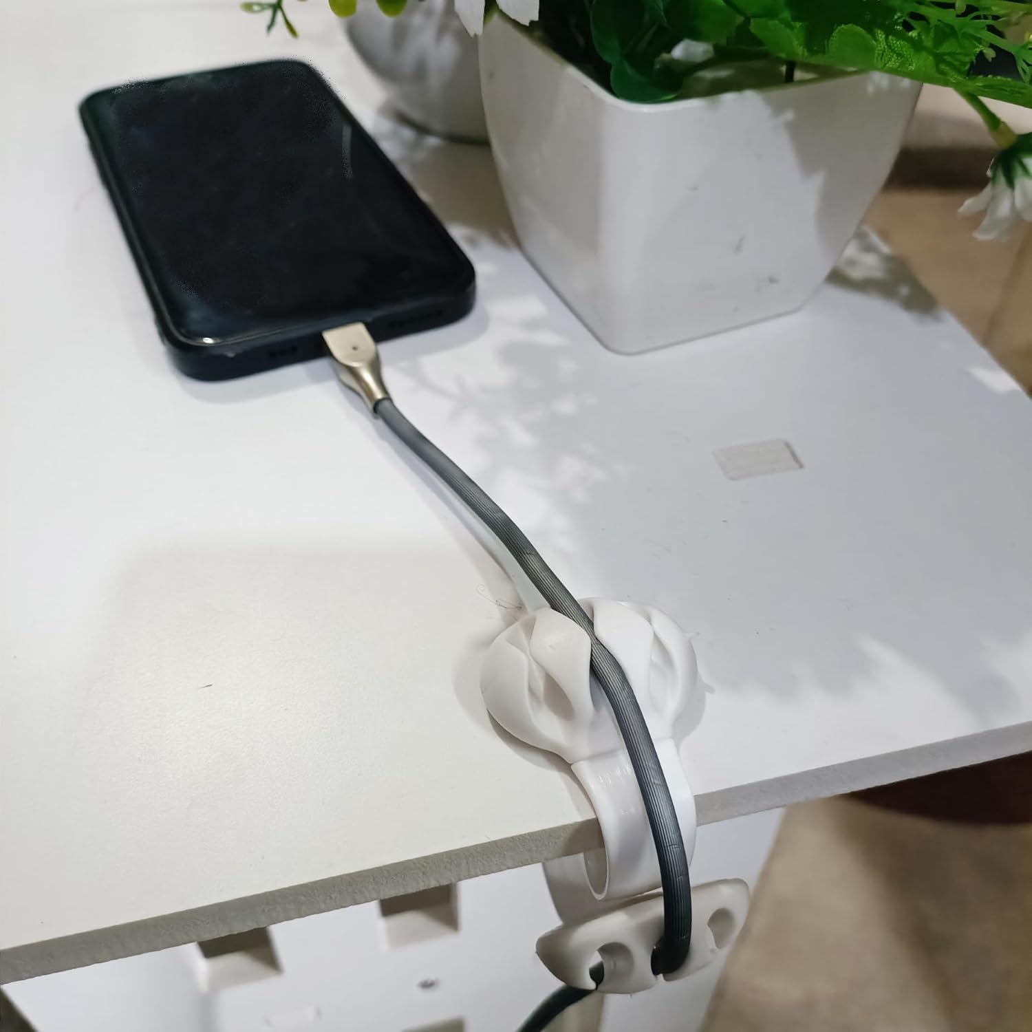 Coralpearl Desk Cable Drop Clips Non-Adhesive, Table Cord Stay Holder Weighted, Small Wire Management Clamp Removable, Silicone Tidy Organizer Keeper for Phone Computer Chargers (4 White) image number 3
