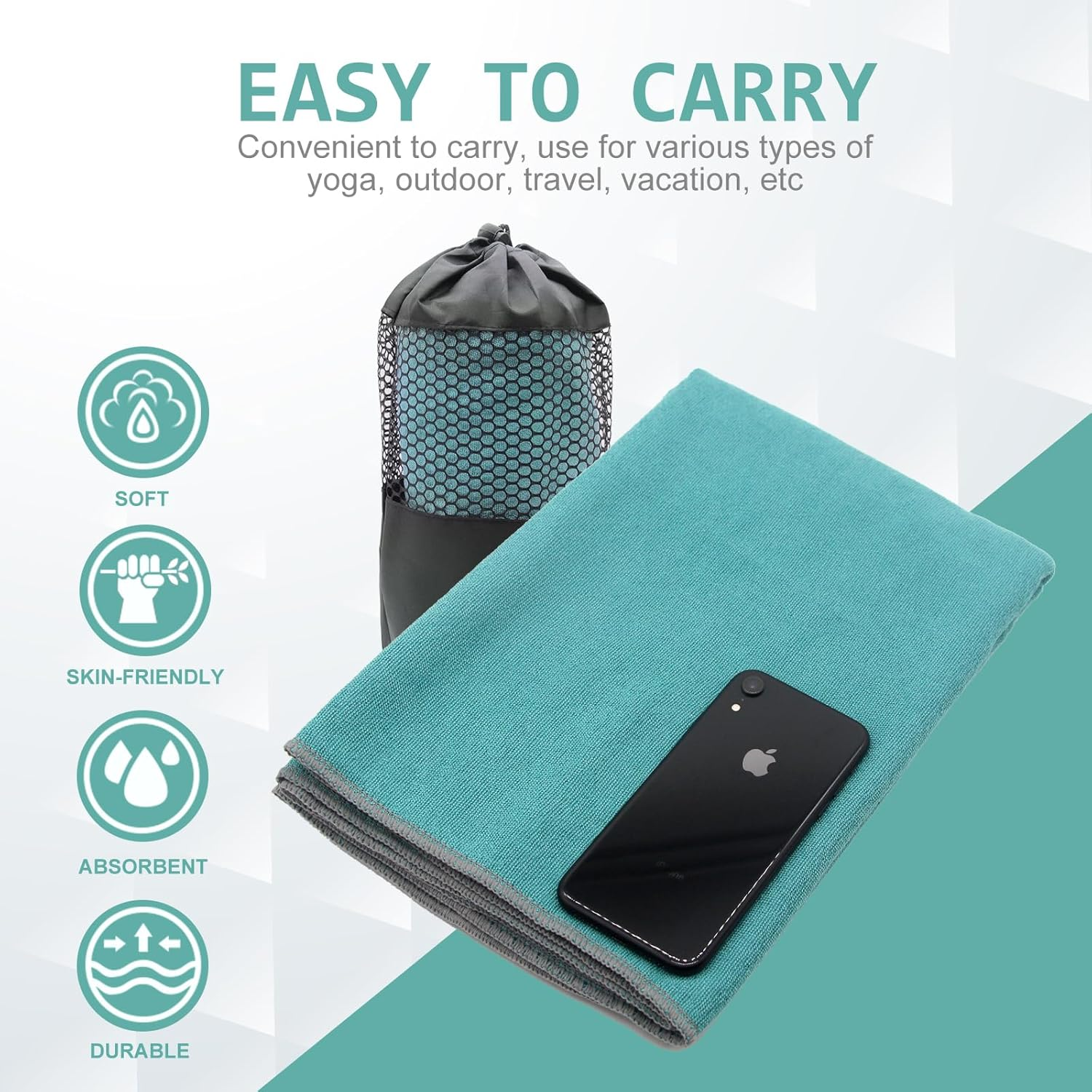 Eunzel Yoga Towel,Hot Yoga Mat Towel with Grip Dots Sweat Absorbent Non-Slip for Hot Yoga, Pilates and Workout 24" X72", Dark Cyan image number 6