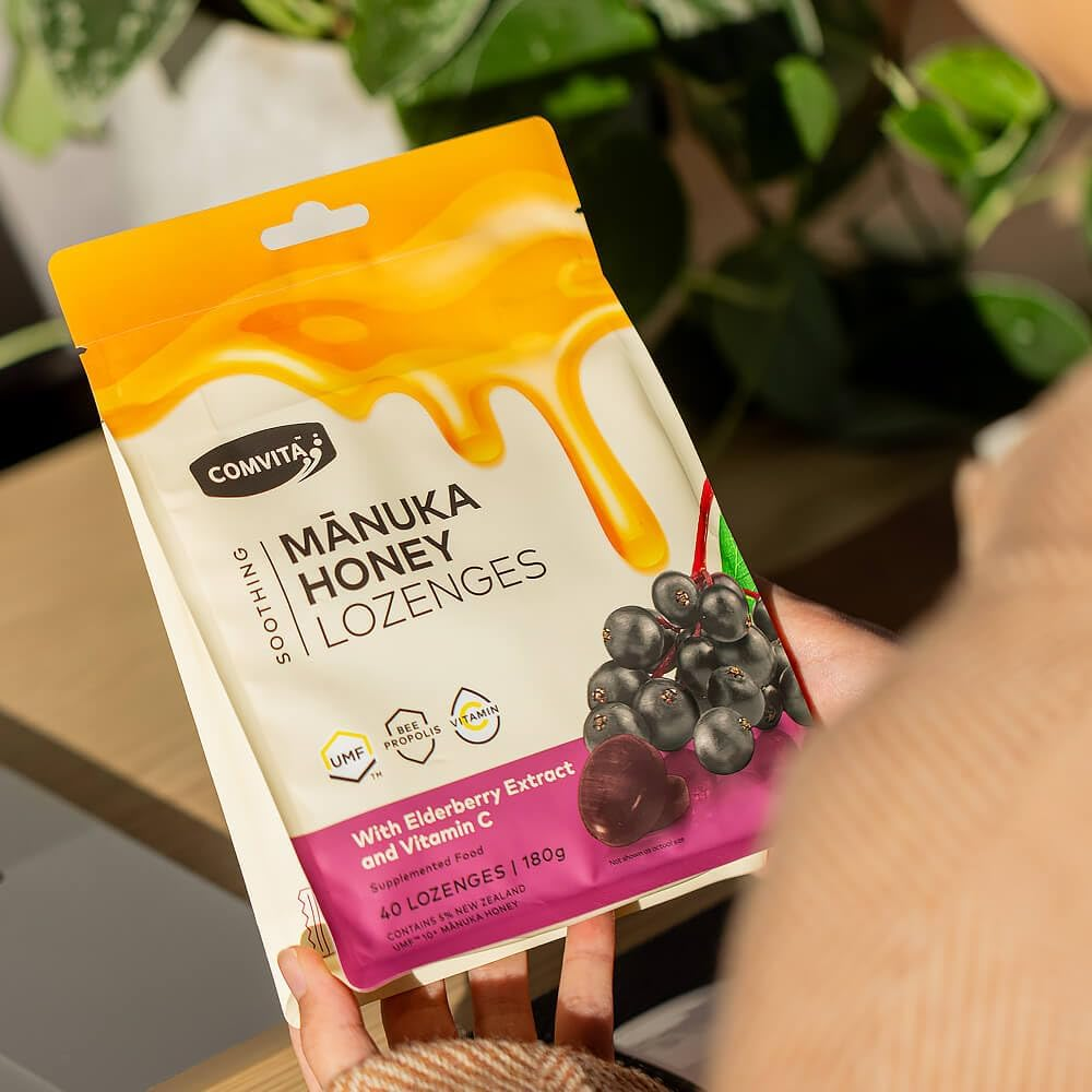 Comvita Soothing Mānuka Honey Lozenges - Elderberry (With Vitamin C and Bee Propolis), 40 Lozenges