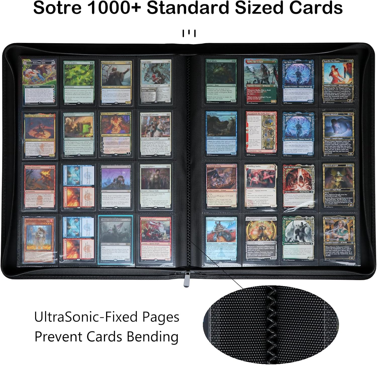 Rayvol Premium 1000+ Pockets Card Binder, 16-Pocket Ringless Trading Card Album Folder - Side Loading Ultrasonic-161024 Tech Zip Binder for TCG -Black image number 5