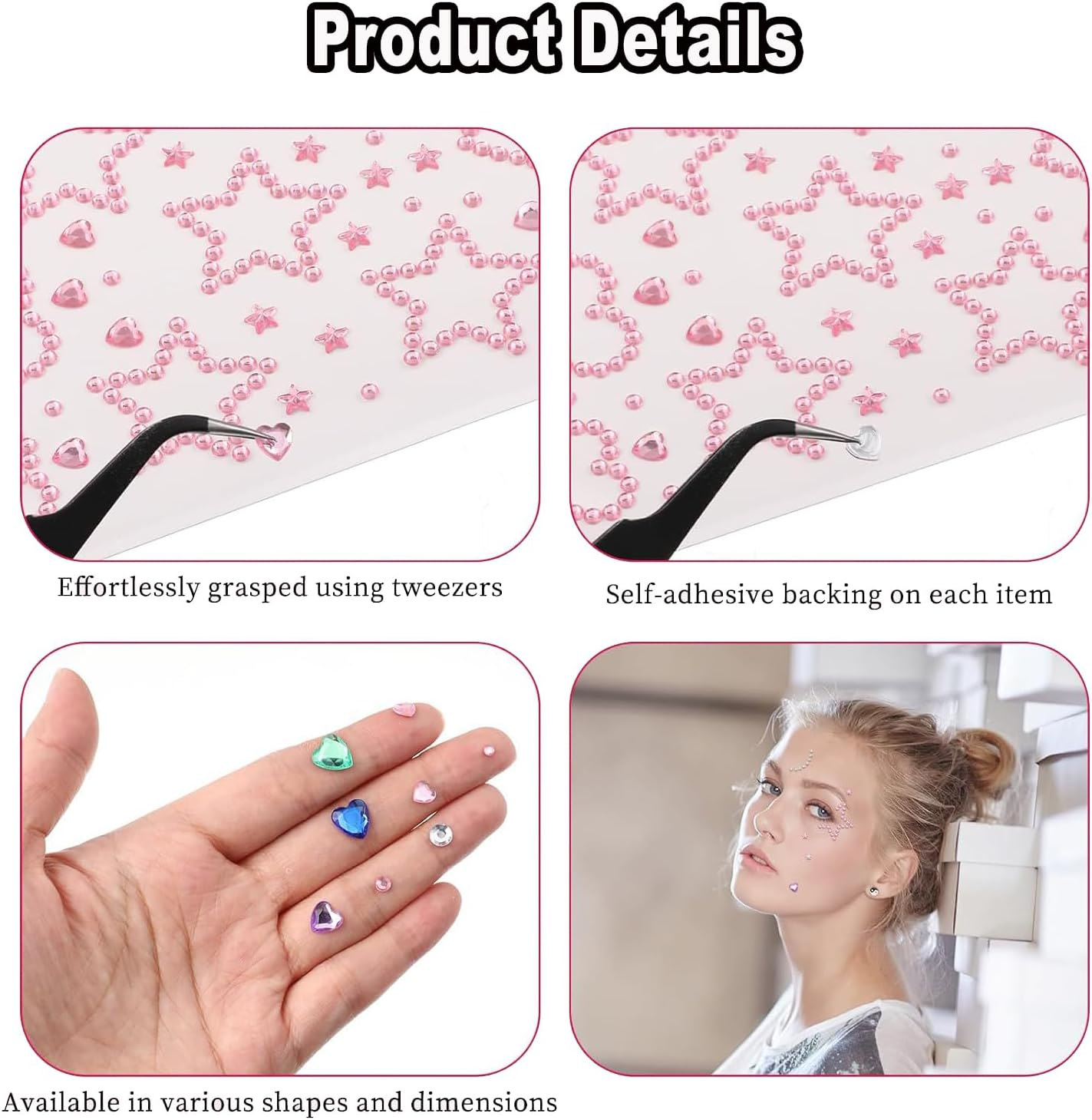 BEANPRECOY Face Gems Rhinestones Self Adhesive Gem Stickers for Women Teens Multi Purpose Body Face Hair Nail Jewels with Pearls Punk Style Waterproof Sparkling Rave Accessories for Party image number 2