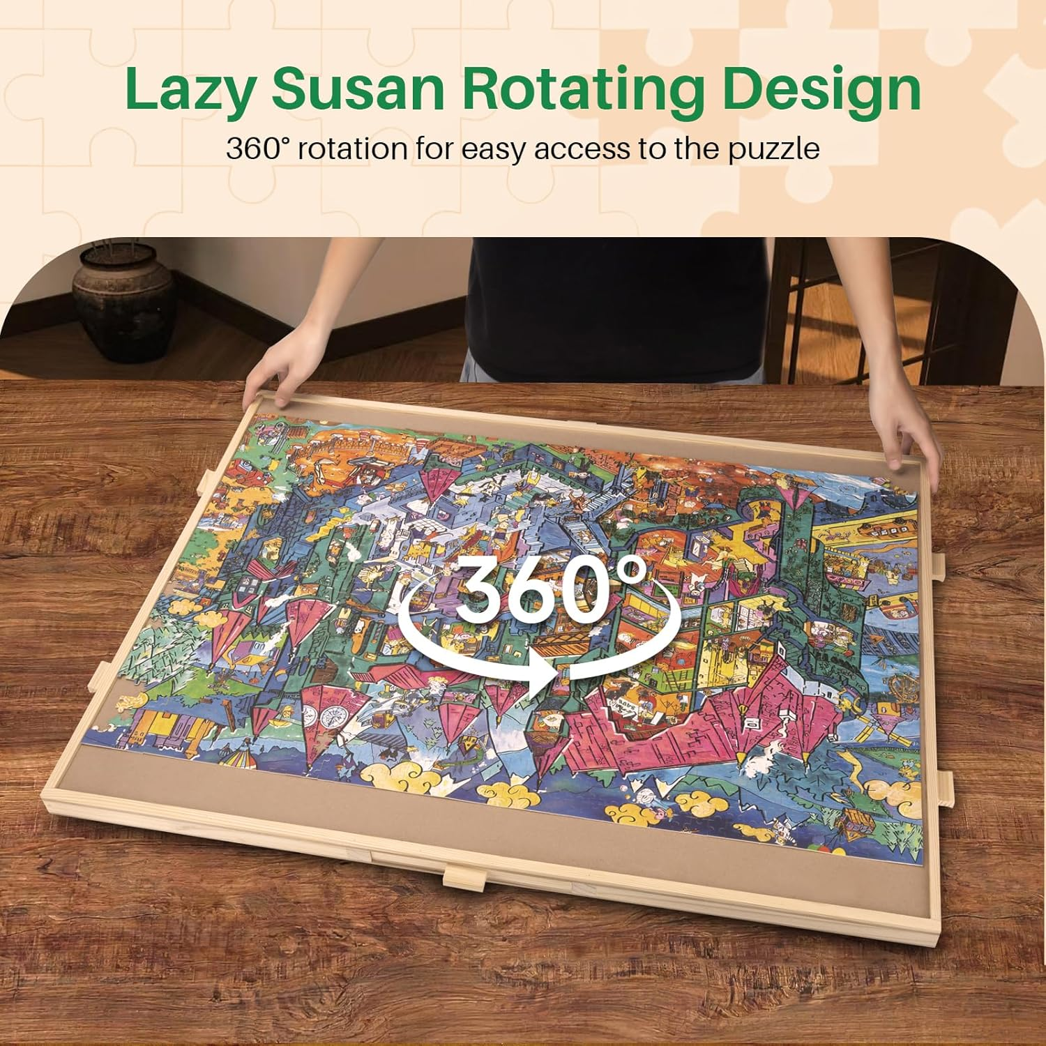 Omebel 1500 Piece Rotating Puzzle Board with Drawers and Cover,Portable Jigsaw Puzzle Boards,Wooden Jigsaw Puzzle Table for Adults Portable,Lazy Susan Spinning Puzzle Boards (90.7Cm*60.7Cm) image number 2